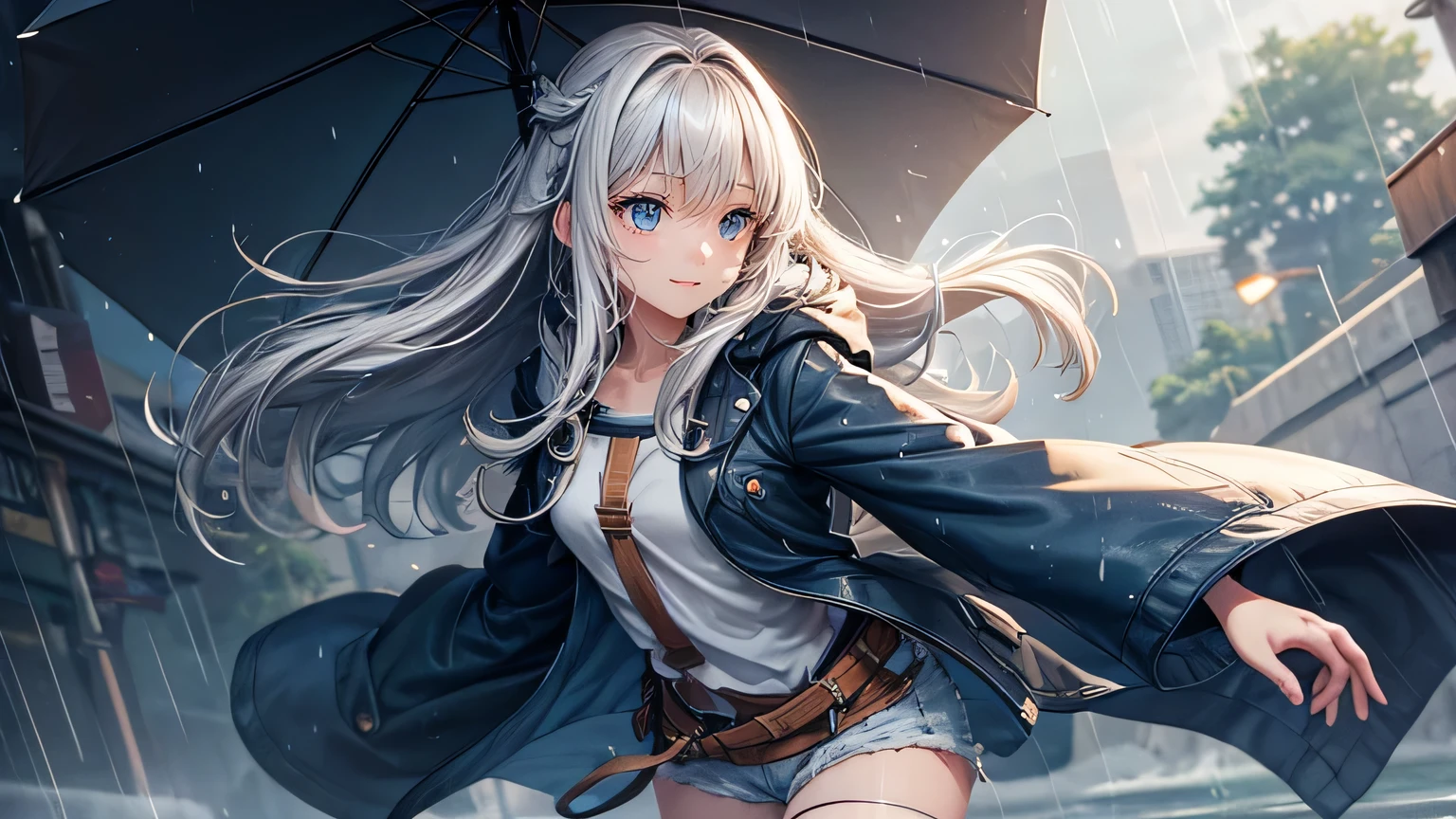 A gentle smile、woman、Beautiful long brown hair、A beautiful light blue parka,Torn shorts,Clothes that are wet from the rain and slightly transparent,Wet Hair,rain,Weather,Ultra-high resolution, Accurate, Super detailed, Textured skin, High detail, highest quality, 8k, Detailed Hair,Detailed eyes,Focus on the face,Depict the figure from the waist up,