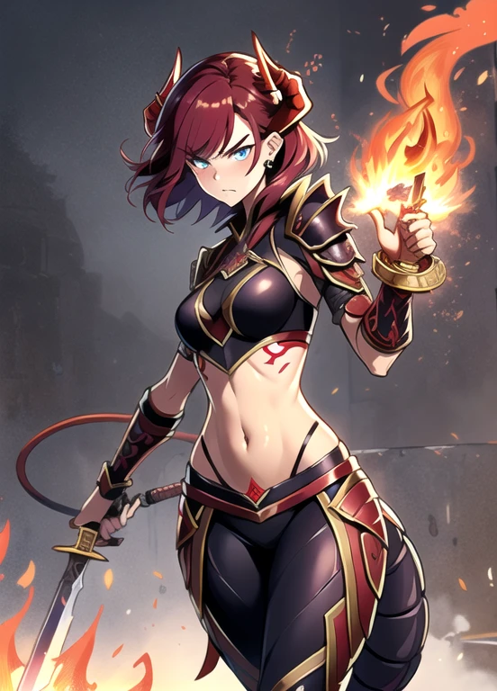 a mystical warrior woman with short red hair, piercing blue eyes, and red dragon-like horns, wings, and tail, wearing intricate dark purple armor with gold plating, wielding a flaming sword and emanating powerful fire magic, disappointed look, dragon tattoo on her stomach, exposed stomach, purple clothes, dragon tattoo