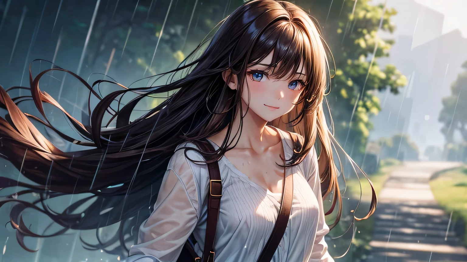 A gentle smile、woman、Beautiful long brown hair,Stylish cute clothes,Torn shorts,Clothes that are wet from the rain and slightly transparent,Wet Hair,rain,Weather,Ultra-high resolution, Accurate, Super detailed, Textured skin, High detail, highest quality, 8k, Detailed Hair,Detailed eyes,Focus on the face,Depict the figure from the waist up,