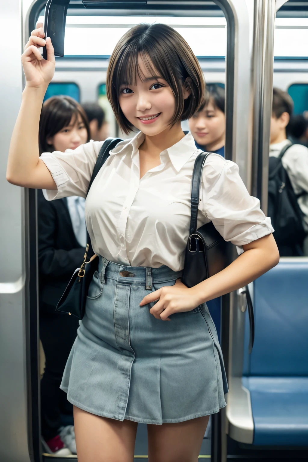 highest quality, masterpiece, Ultra-high resolution, (Reality: 1.4), Original photo, 1 woman, mature, happy smile, short hair, plump body, , Cinema Lighting, high school girl、 Commuter train、crowded train、Packed
