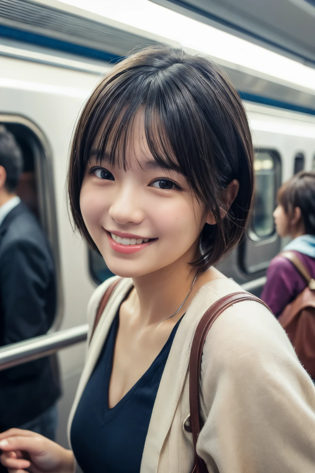 highest quality, masterpiece, Ultra-high resolution, (Reality: 1.4), Original photo, 1 woman, mature, happy smile, short hair, plump body, , Cinema Lighting, high school girl、 Commuter train、crowded train、Packed