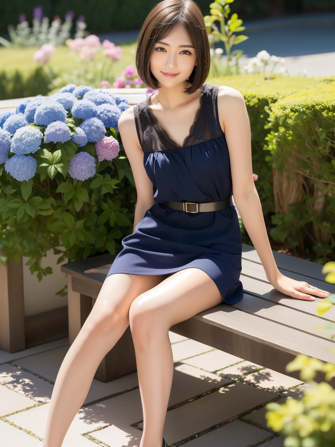 (highest quality:1.5), (Real:1.5), (1 person:1.5), (Very detailed), (High resolution), 8k, Small breasts, Natural color lip, Cute smile, Japanese women, 20 year old girl, (Perfect and beautiful face), (Big eyes), (Beautiful and Cute face), (Beautiful balanced eyes), Beautiful double eyelids, Perfect and beautiful face, Thin arched eyebrows, Slim face, (slim body), beautiful thin nose, beautiful skin, (medium bob hair), natural bangs, fair skin, (with a cute expression), (bright lighting), lighting from the front, (lighting the face), dark blue eyes, slim waistline, (miniskirt), slender and beautiful legs, hydrangeas, garden, (with lace) (wearing a one-piece dress with a micro miniskirt), beautiful and slim thighs, (sit on a bench),