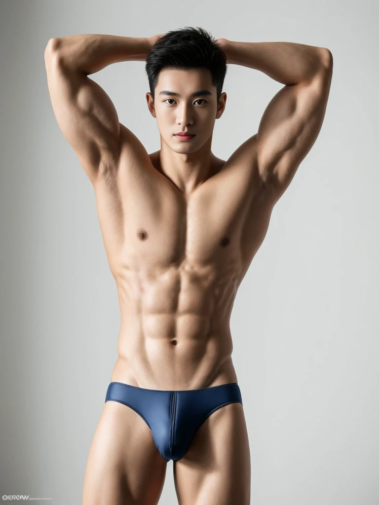 oppav3, (tmasterpiece, hyper quality, A high resolution, 8K, complex: 1.2), (Detailed face: 1.2), (Wearing a sexy bikini underwear: 1.5), pubes, Detailed skin, pores, 1boy, malefocus, (Realistic), bedroom background, shirtless, Good lighting quality, muscle veins, curving, Balanced eyes, Black colored eyes, whole body shot, Korean man, boy, muscular, not wearing top, standing, lifted arms, spread legs, topless, proportional body,