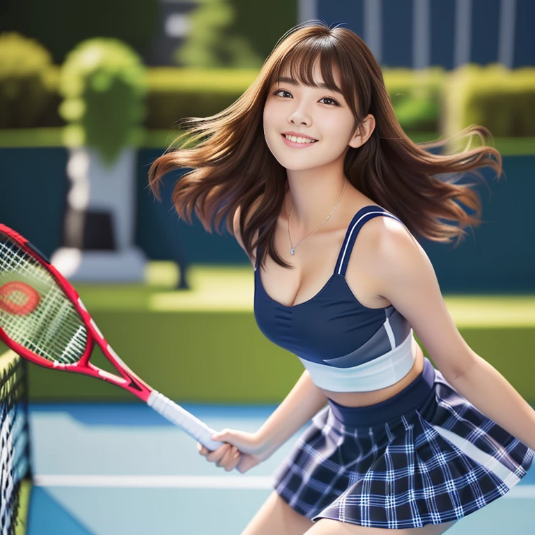 Photo-realistic quality、20Year-old idol playing tennis, A girl playing tennis, Tennis Wear, She is wearing a white top and a grey checked skort、Beautiful Japanese Women, Japanese Model, Detailed and beautiful eyes、Cute Smile