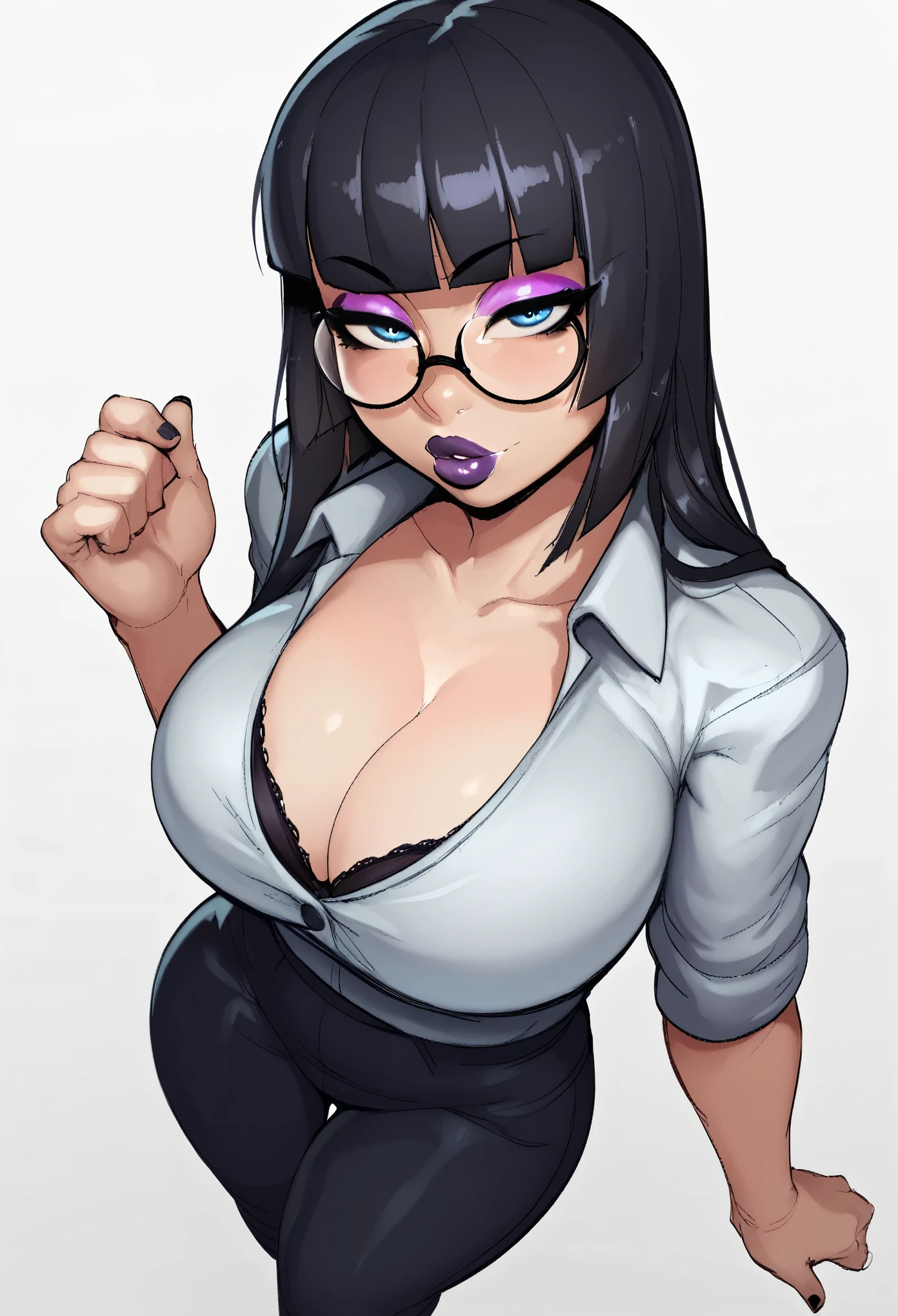 score_9, score_8_up, score_7_up, score_6_up, score_5_up, score_4_up, BREAK 1girl, black hair, braids, straight hair, long hair, grey eyes, thick lips, small, long eyelashes, half-closed eyes, black-framed eyewear, round eyewear, black choker, blunt bangs, adult, black eyeliner, large breasts, ear piercing, black lips, grey eyeshadow, looking at viewer, BREAK solo, standing, adult, skinny, highleg, arched back, thigh gap, BREAK (white background:1.2), simple background, dynamic pose, dynamic angle, angled shot,no bra, nipples standing out 
