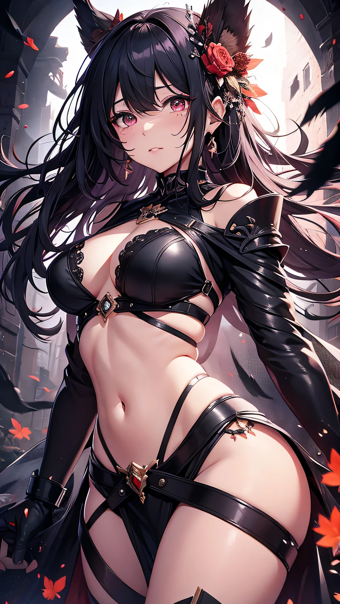 Highest quality、Highest quality、Masterpiece、girl((Metal body,Age 25、as soon as、Highest Bust、Medium Bust、Wide open chest、Red glowing eyes、Black Ear、Red Mesh、Disheveled Hair、Loincloth、thin、The best valley、Open chest、Luminous Wristbands、hair ornaments、Full body view、Black Dress、scar、cell phone、A little muscular、Watery eye、Tears))、high quality、Beautiful Art、background((night、Concert Hall、Black Bird、Black butterfly))、flight、Flying Debris、Depth of text、movie、Visual Arts、Perfect Art、8K、Genuine、