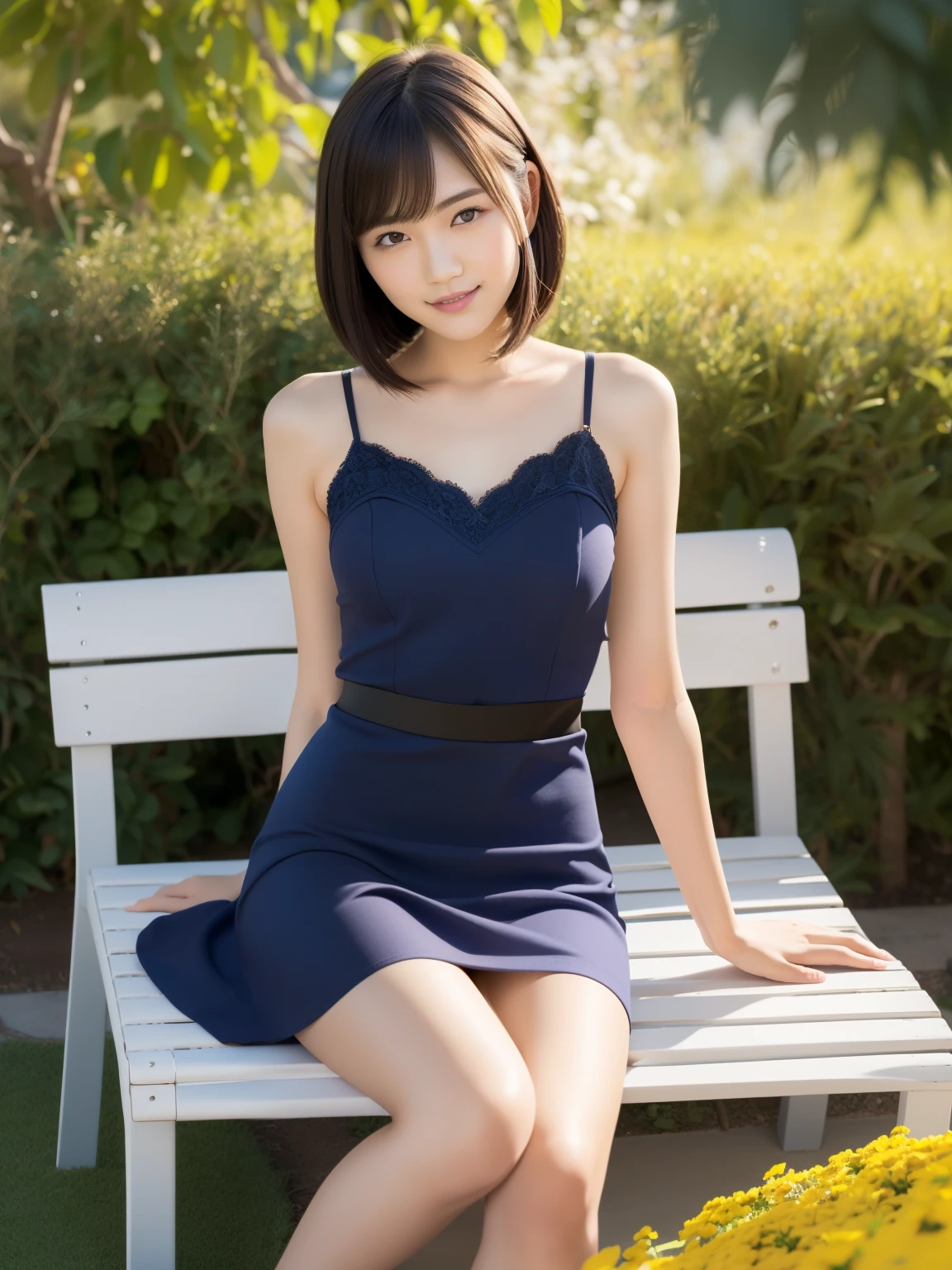 (highest quality:1.5), (Real:1.5), (1 person:1.5), (Very detailed), (High resolution), 8k, Small breasts, Natural color lip, Cute smile, Japanese women, 20 year old girl, (Perfect and beautiful face), (Big eyes), (Beautiful and Cute face), (Beautiful balanced eyes), Beautiful double eyelids, Perfect and beautiful face, Thin arched eyebrows, Slim face, (slim body), beautiful thin nose, beautiful skin, (medium bob hair), natural bangs, fair skin, (with a cute expression), (bright lighting), lighting from the front, (lighting the face), dark blue eyes, slim waistline, (miniskirt), slender and beautiful legs, garden, (with lace) (wearing a one-piece dress with a micro miniskirt), beautiful and slim thighs, (sit on a bench), yellow marguerite, Margaret's flower bed,