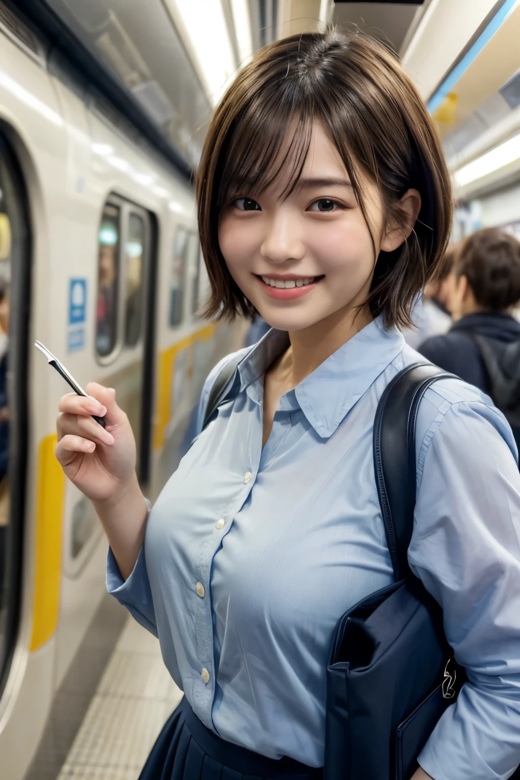 highest quality, masterpiece, Ultra-high resolution, (Reality: 1.4), Original photo, 1 woman, mature, happy smile, short hair, plump body, , Cinema Lighting,　high school girl、 Commuter train、crowded train、Packed