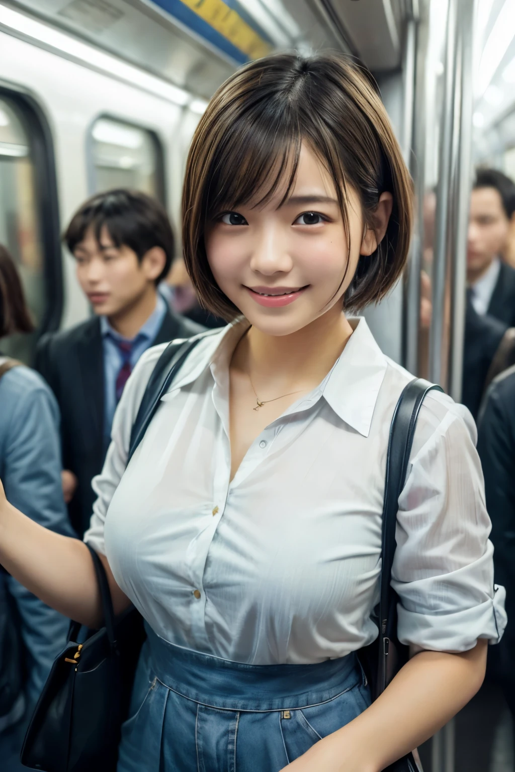 highest quality, masterpiece, Ultra-high resolution, (Reality: 1.4), Original photo, 1 woman, mature, happy smile, short hair, plump body, , Cinema Lighting, high school girl、 Commuter train、crowded train、Packed