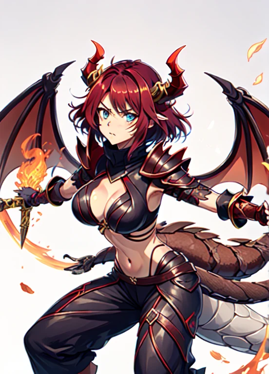 a mystical warrior woman with short red hair, piercing blue eyes, and red dragon-like horns, wings, and tail, wearing intricate dark purple armor with gold plating, wielding a flaming sword and emanating powerful fire magic, disappointed look, dragon tattoo on her stomach, exposed stomach, purple clothes, dragon tattoo