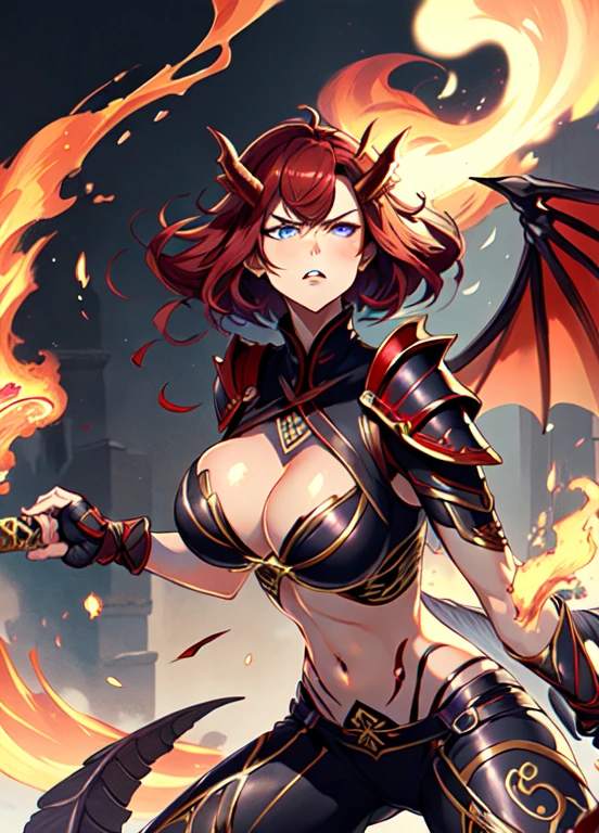 a mystical warrior woman with short red hair, piercing blue eyes, and red dragon-like horns, wings, and tail, wearing intricate dark purple armor with gold plating, wielding a flaming sword and emanating powerful fire magic, disappointed look, dragon tattoo on her stomach, exposed stomach, purple clothes, dragon tattoo