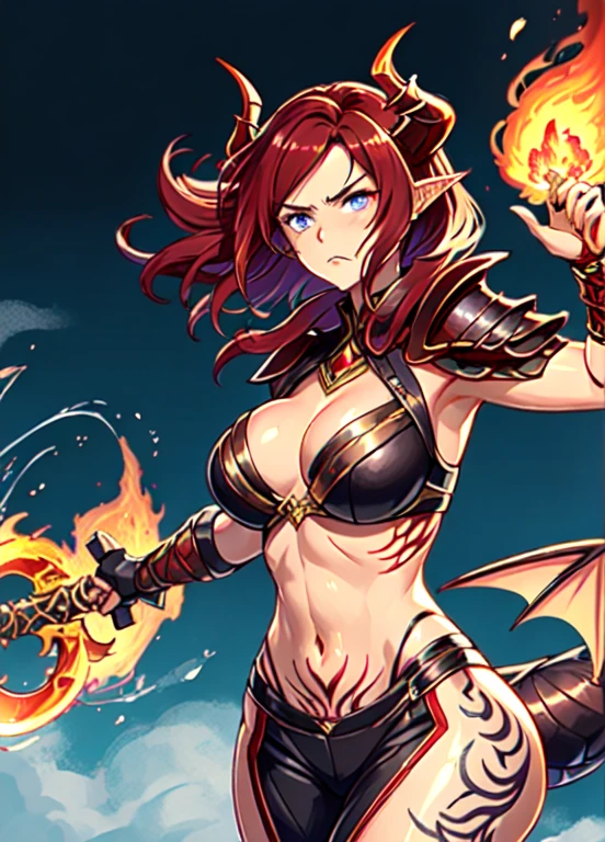 a mystical warrior woman with short red hair, piercing blue eyes, and red dragon-like horns, wings, and tail, wearing intricate dark purple armor with gold plating, wielding a flaming sword and emanating powerful fire magic, disappointed look, dragon tattoo on her stomach, exposed stomach, purple clothes, dragon tattoo