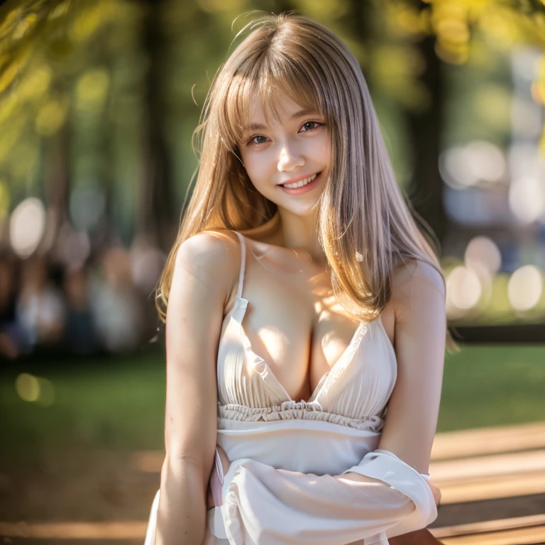 (8k, RAW photograph, highest quality, masterpiece:1.3),(Genuine,photograph:1.37),(Looking at the audience:1.331),Pause,One girl,とてもbeautiful顔,small,Hair weight,Fluffy hair,Random representation,Smile with the corners of your mouth,Big eyes,highest quality Hair,((highest quality)), ((masterpiece)), (detailed), whole body、wallpaper、Attention to detail、Perfect balance、Tight waist、Chestnut Hair、beautiful, Beautiful Skin、beautiful white skin、Russian Beauty、(masterpiece:1.3), 一眼レフphotograph、Best image quality: 1.4, (Rough long hairstyle:1.2)、Soft Breasts、Cleavage:1.4、Loose-fitting clothing,Stylish clothes