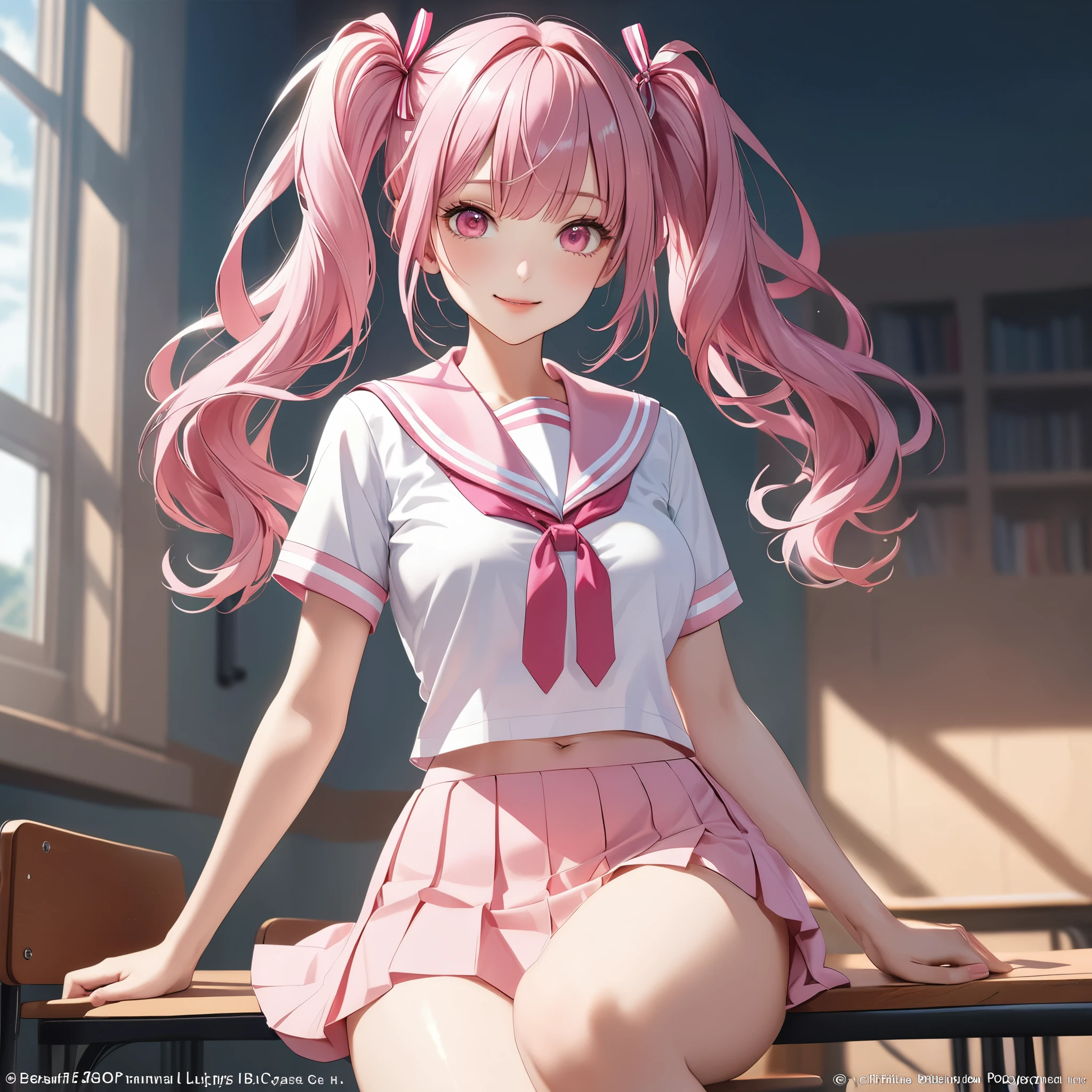 (8K, masutepiece, Best Quality, Official art, beautiful detailed, beautiful lighting, best masterpiece in history that exceeds limits), (1 Girl, Solo), (), (beautiful detailed face), (shiny white skin), (Beautiful big bust:1.3), (thighs, navel), (beautiful detailed pink twin tails hair, Bangs:1.3), (beautiful detailed drooping pink eyes:1.5), (high school uniform:1.3), (patsel pink sailor collar, white short sleeves short length outing shirt, pastel pink pleated skirt, patsel pink ribbon:1.3), (happy smile:1.2), (Attractive, Look at the camera, cute pose), breathtaking scenery, (ultra detailed realistic Beautiful high school, study, blue sky:1.2),