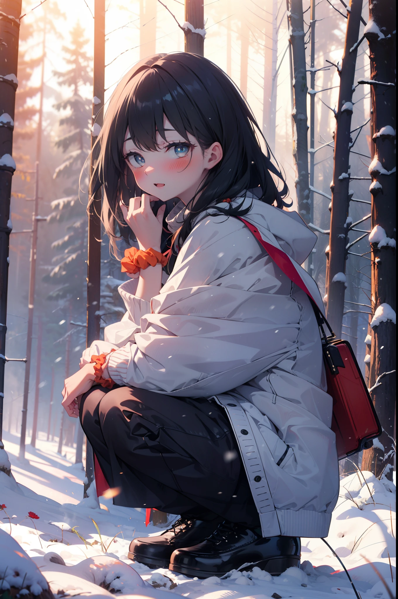 6 flowers, rikka takarada, Black Hair, blue eyes, Long Hair, orange Scrunchie, Scrunchie, wrist Scrunchie,smile,blush,White Breath,
Open your mouth,snow,Ground bonfire, Outdoor, boots, snowing, From the side, wood, suitcase, Cape, Blurred, Increase your meals, forest, White handbag, nature,  Squat, Mouth closed, フードed Cape, winter, Written boundary depth, Black shoes, red Cape break looking at viewer, Upper Body, whole body, break Outdoor, forest, nature, break (masterpiece:1.2), highest quality, High resolution, unity 8k wallpaper, (shape:0.8), (Beautiful and beautiful eyes:1.6), Highly detailed face, Perfect lighting, Highly detailed CG, (Perfect hands, Perfect Anatomy),