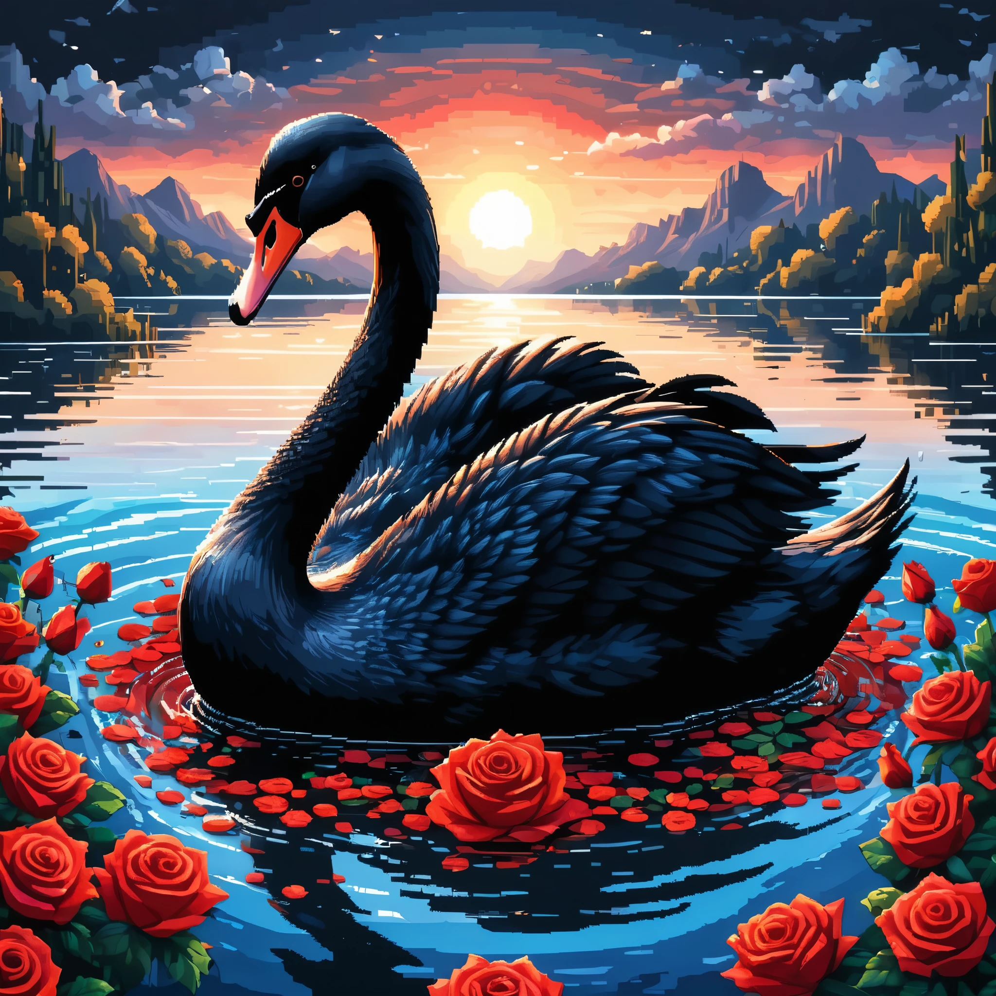 Professional cartoon pixel illustration, (masterpiece in maximum 16K resolution, superb quality, ultra detailed:1.3), (front view) of a grand black swan, the water surface has red roses in front, blurry warm ((epic)) background.