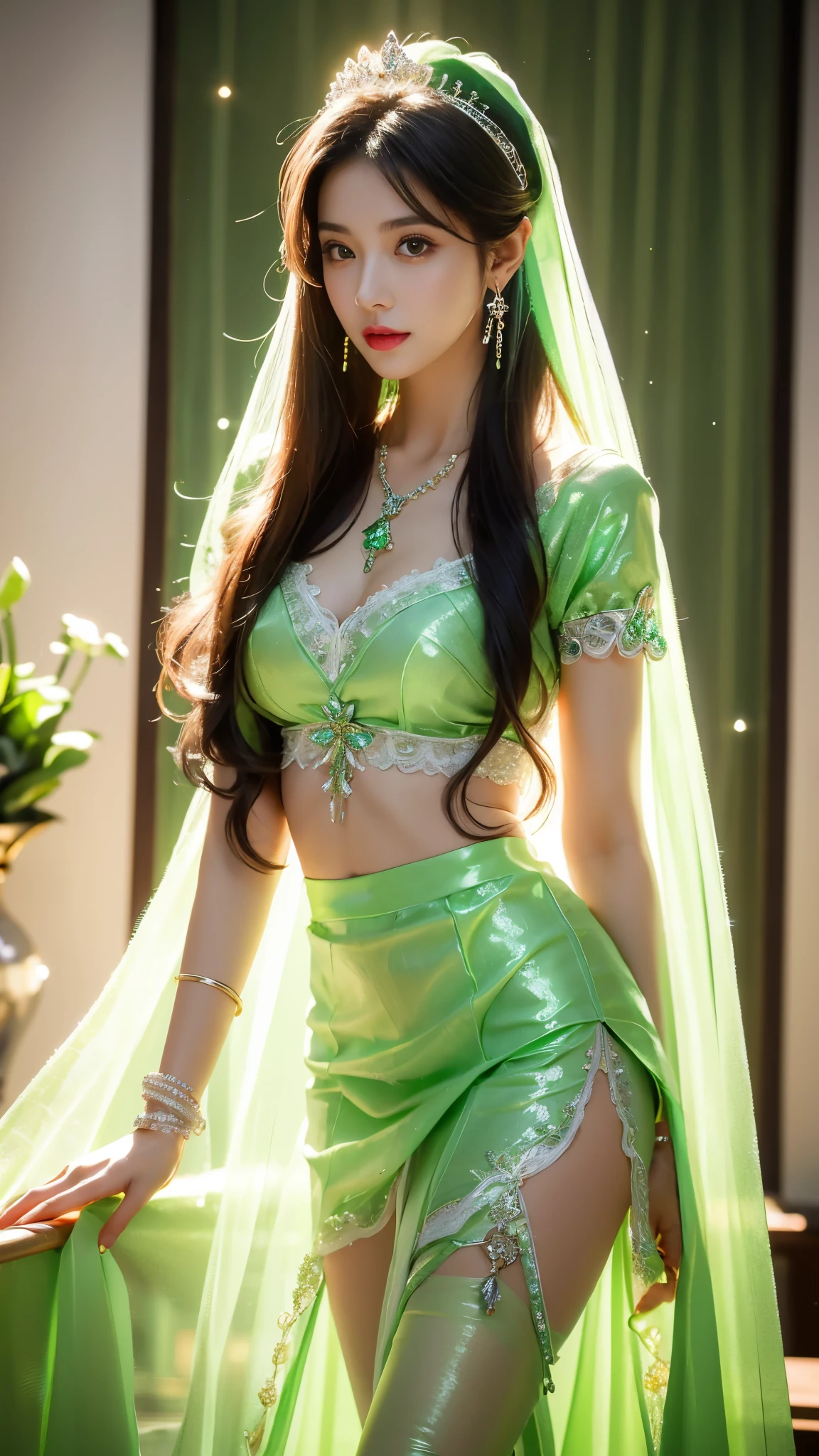 4K, UHD, masterpeice, 1 girl, good face, happy face, ((white skin)), detailed eyes, detailed lipstick, very long hair, straight hair, very long hair, beautiful hair, hair ornaments, hairband, gradient hair, ((green stocking)), ((princess clothing)), ((decorated clothing)), ((sardine)), ((sparkle clothing)), ((green lace)), ((diamond bracelet)), ((pendant)), ornaments, necklace, earring, high lighting, ((in the wedding stage)), fujicolor, depth of field, ray tracing, ultra realistic detailes, standing with the wall,