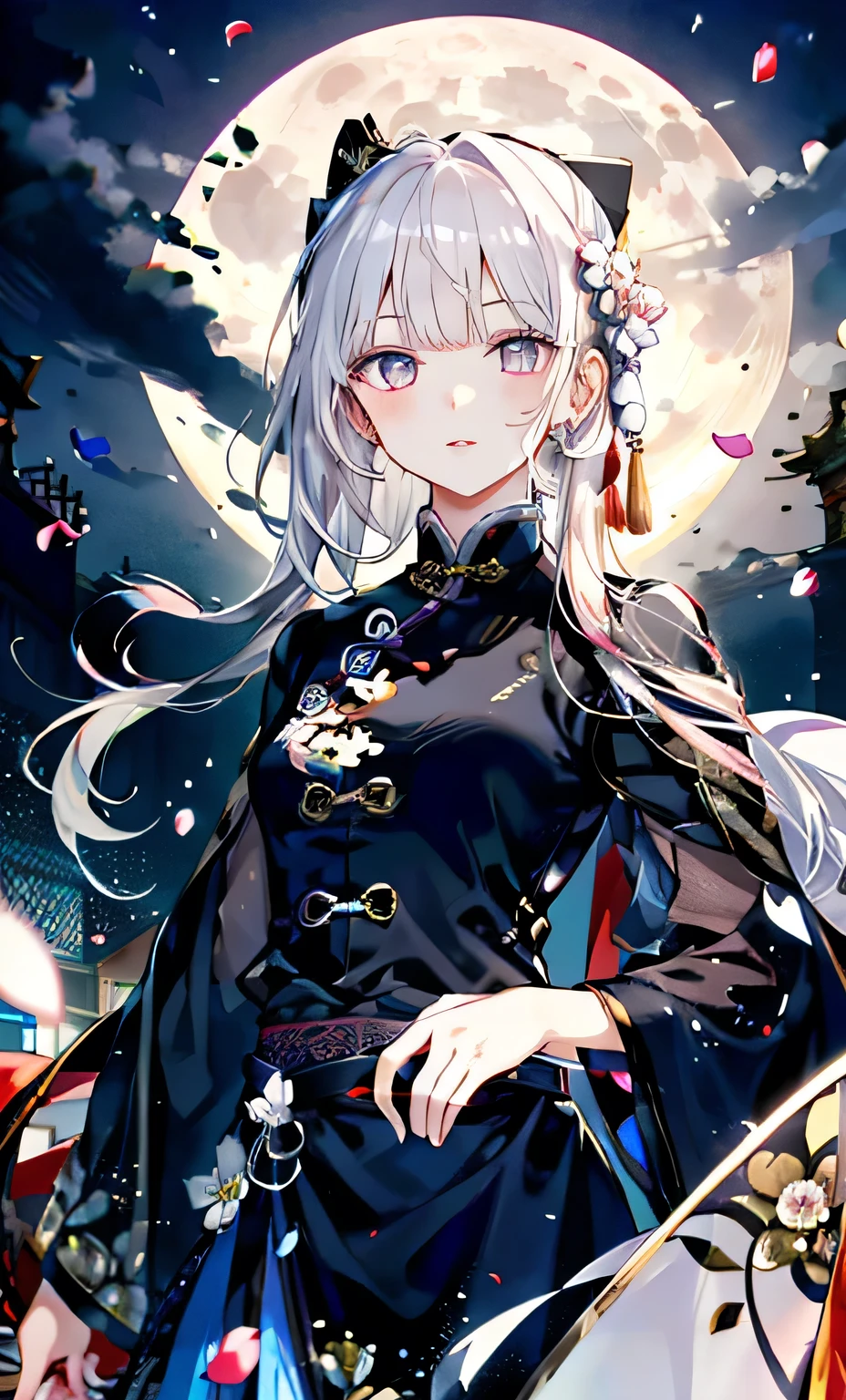 night, Full Moon, 1 girl, Chinese, Chinese Architecture, Mature woman, elder sister, Silver-white hair woman, long hair, Light pink lips, calm, logical, Bangs, Gray pupil, assassin, fan, Knife Fan, petals dancing, Delicate face,