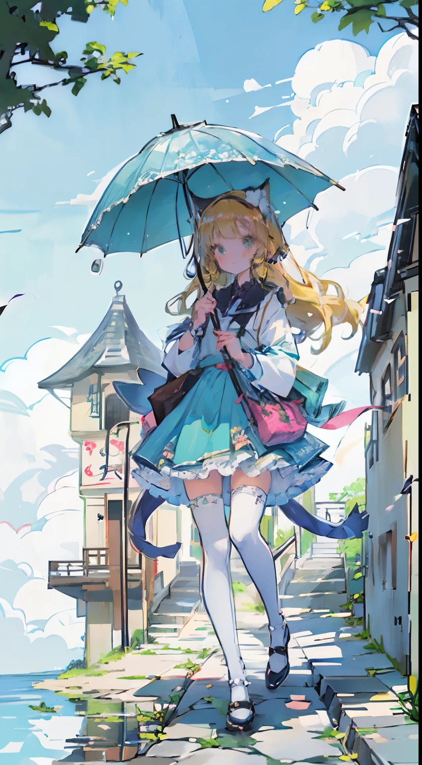 ((Tabletop, highest quality: 1.1), ((Anime girl in blue dress holding umbrella)), メイド服を着たアニメのCat girl, , ((Blonde))、Long-haired、Very Beautiful Anime Cat girl, アニメCat girl, ((White knee-high socks)), 魅力的なCat girl, Inspired by Leiko Ikemura, Takano Aya color style, in ryuuou no oshigoto art style, Cat girl, Favorite character, rei hiroe、With a smile