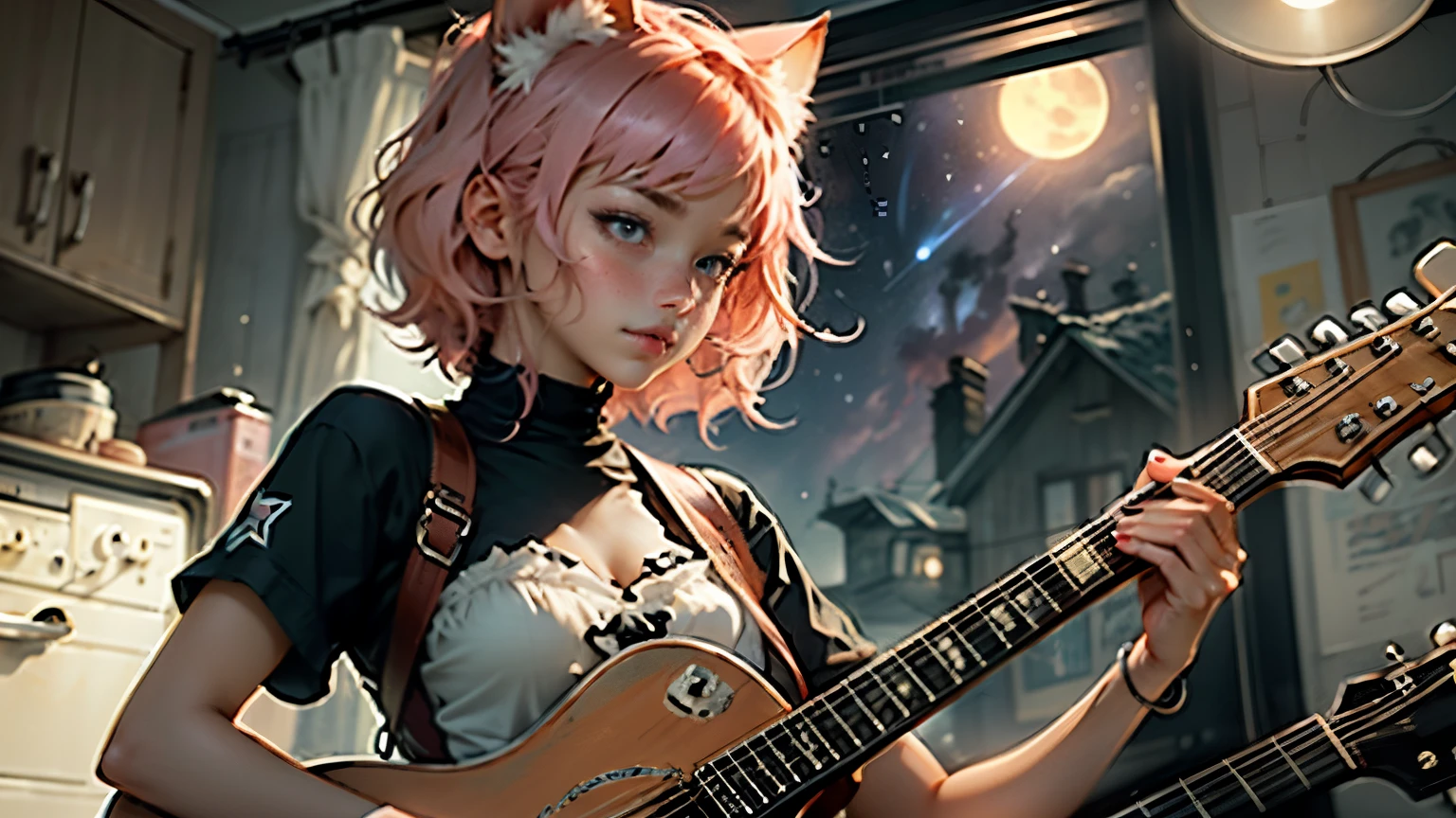 picture a scene of a girl playing the guiter alone with stars in the sky. Anime, pink hair, cat ears. That's her charm.