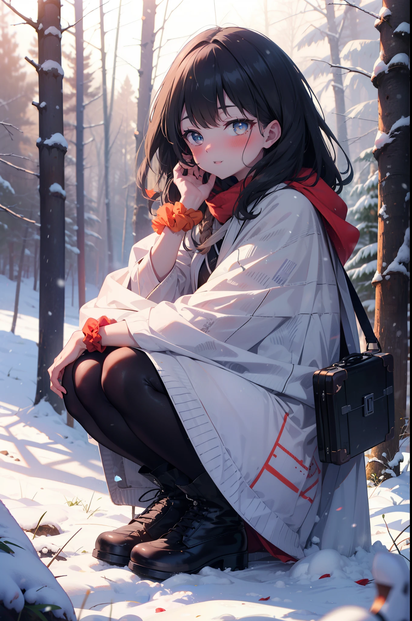 6 flowers, rikka takarada, Black Hair, blue eyes, Long Hair, orange Scrunchie, Scrunchie, wrist Scrunchie,smile,blush,White Breath,
Open your mouth,snow,Ground bonfire, Outdoor, boots, snowing, From the side, wood, suitcase, Cape, Blurred, Increase your meals, forest, White handbag, nature,  Squat, Mouth closed, フードed Cape, winter, Written boundary depth, Black shoes, red Cape break looking at viewer, Upper Body, whole body, break Outdoor, forest, nature, break (masterpiece:1.2), highest quality, High resolution, unity 8k wallpaper, (shape:0.8), (Beautiful and beautiful eyes:1.6), Highly detailed face, Perfect lighting, Highly detailed CG, (Perfect hands, Perfect Anatomy),