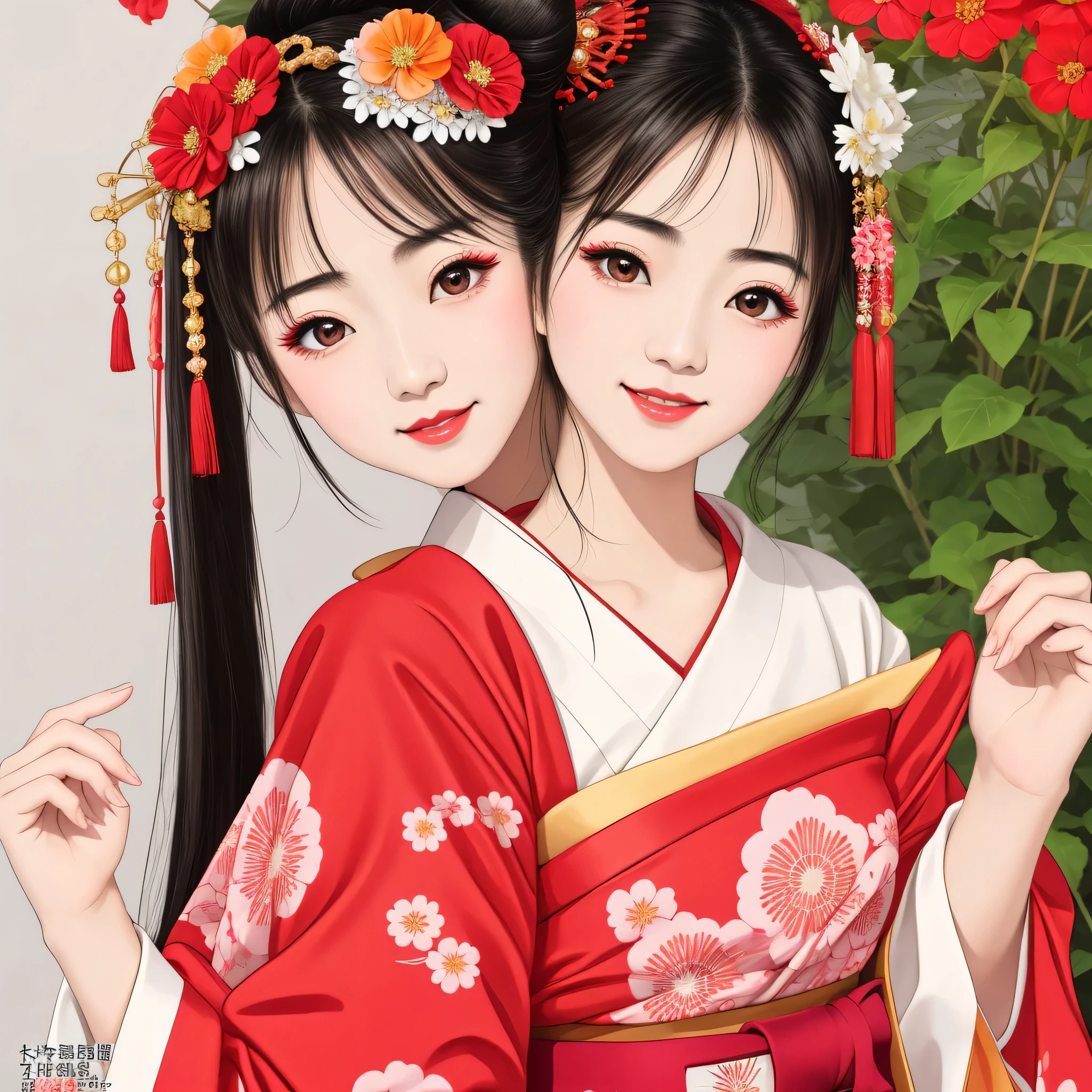 7 sisters, 7 girls with different faces and expressions, dancing gracefully, small faces, top quality, masterpieces, black hair, bun hair, wide angle, diagonally above the waist, magazine cover pose, 8K high resolution, Masterpiece, high resolution, realistic and beautiful light and shadow, top quality, high resolution, very delicate and beautiful, beautiful 8K face, smile and smile. Seven beautiful Japanese girls with eyes, transparent skin, soft hair, eight heads, Japanese style kimonos with red, pink and orange floral patterns on a white background, yukatas, small faces, thin and small noses, red lipstick , glossy skin, very thin eyebrows, overall super high resolution, Maiko-style makeup, fair skin, long and beautiful eyelashes, glossy skin, red cheeks, holding a flower hat prop in one hand, dance, Kasa Odori, Kasanihi Odori, Japan Dance, festival, movie poster style