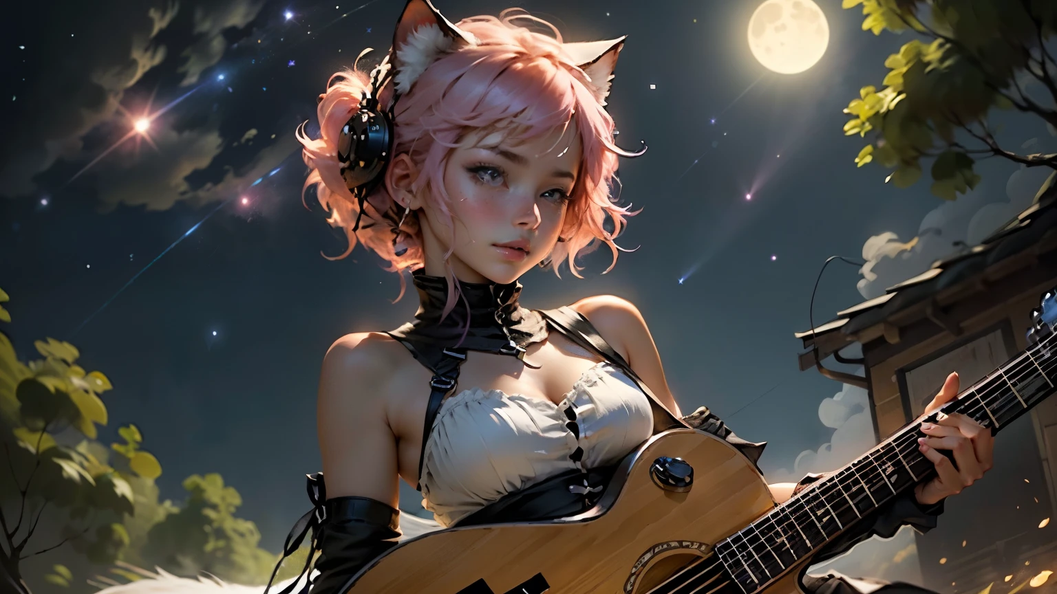 picture a scene of a girl playing the guiter alone with stars in the sky. Anime, pink hair, cat ears. That's her charm.
