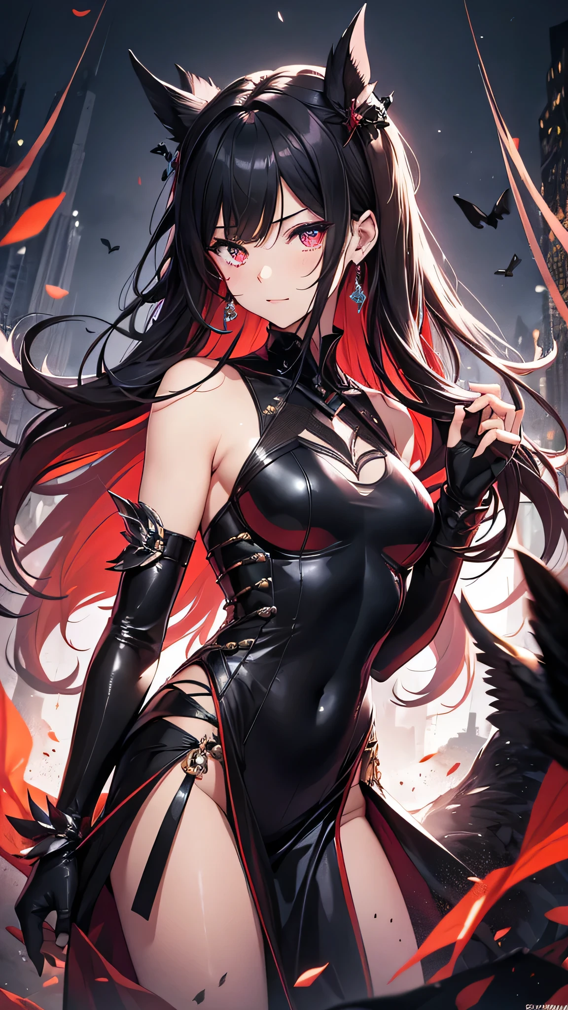 Highest quality、Highest quality、Masterpiece、girl((Metal body,Age 25、as soon as、Highest Bust、Medium Bust、Wide open chest、Red glowing eyes、Black Ear、Red Mesh、Disheveled Hair、Loincloth、thin、The best valley、Open chest、Luminous Wristbands、hair ornaments、Full body view、Black Dress、scar、cell phone、A little muscular、Watery eye、Tears))、high quality、Beautiful Art、background((night、Concert Hall、Black Bird、Black butterfly))、flight、Flying Debris、Depth of text、movie、Visual Arts、Perfect Art、8K、Genuine、