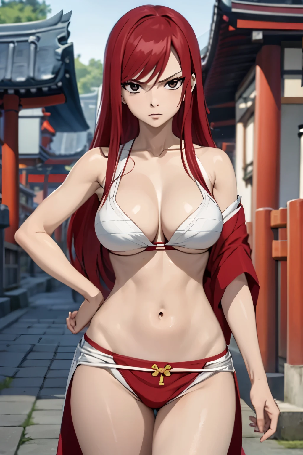    Masterpiece ultra  detailed  ,1girl solo , erza  , medium breasts  , sexy red kimono , no  bra , niplles  piercing ,angry  face  , looking at viewer , badass walpaper , Japanese temple in the background .