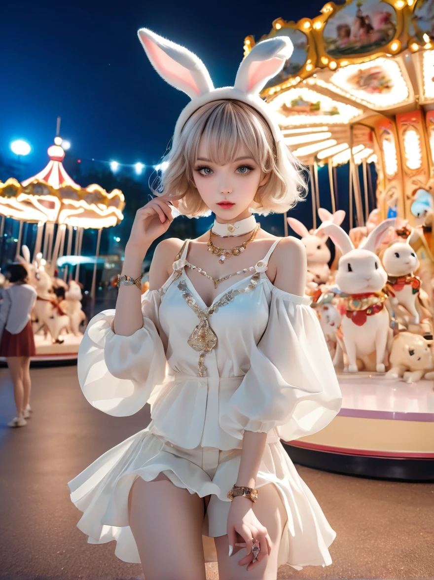  Wide-angle lens, Woman wearing fashionable spring clothes，Woman enjoying carousel at night，emaciated，Serious expression，short hair，Deadly pose，Gorgeous necklace, Light milky porcelain skin, smooth, Crystal clear skin, Enchanting anime girl, Beautiful and attractive anime woman, Super realistic sweet bunny ears girl, Light porcelain white skin, smooth, realistic and perfect figure, Anime Girl Cosplay, Perfect body with realistic shadows