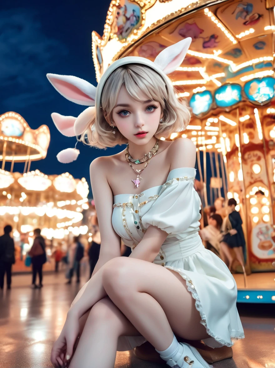 Wide-angle lens, Woman wearing fashionable spring clothes,Woman enjoying carousel at night,emaciated,Serious expression,short hair,Deadly pose,Gorgeous necklace, Light milky porcelain skin, smooth, Crystal clear skin, Enchanting anime girl, Beautiful and attractive anime woman, Super realistic sweet bunny ears girl, Light porcelain white skin, smooth, realistic and perfect figure, Anime Girl Cosplay, Perfect body with realistic shadows