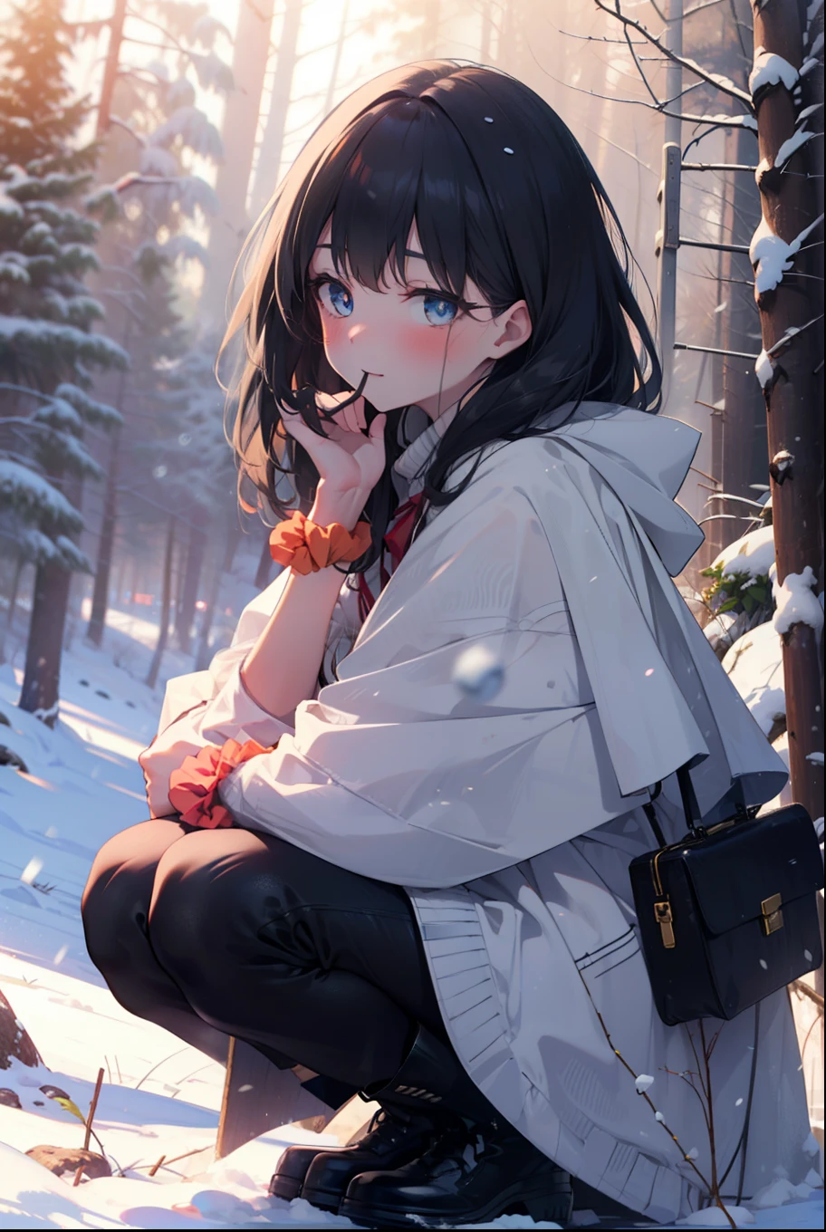 6 flowers, rikka takarada, Black Hair, blue eyes, Long Hair, orange Scrunchie, Scrunchie, wrist Scrunchie,smile,blush,White Breath,
Open your mouth,snow,Ground bonfire, Outdoor, boots, snowing, From the side, wood, suitcase, Cape, Blurred, Increase your meals, forest, White handbag, nature,  Squat, Mouth closed, フードed Cape, winter, Written boundary depth, Black shoes, red Cape break looking at viewer, Upper Body, whole body, break Outdoor, forest, nature, break (masterpiece:1.2), highest quality, High resolution, unity 8k wallpaper, (shape:0.8), (Beautiful and beautiful eyes:1.6), Highly detailed face, Perfect lighting, Highly detailed CG, (Perfect hands, Perfect Anatomy),