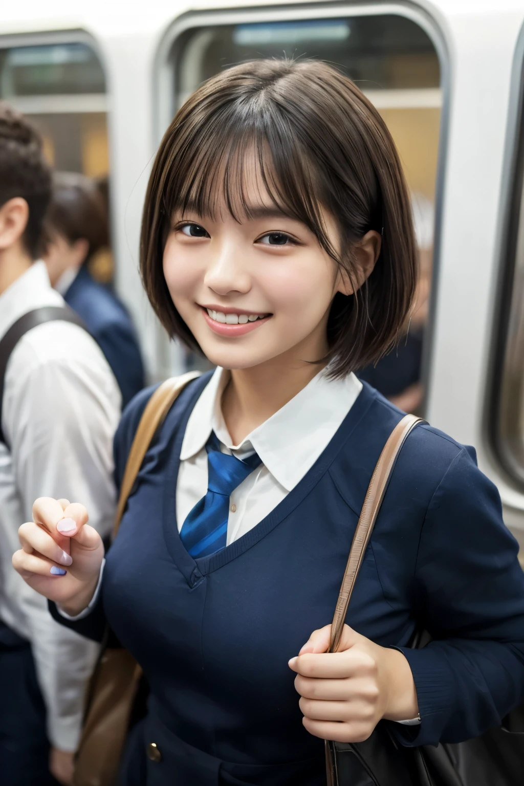 highest quality, masterpiece, Ultra-high resolution, (Reality: 1.4), Original photo, 1 woman, mature, happy smile, short hair, plump body, , Cinema Lighting,　high school girl、uniform、 Commuter train、crowded train、Packed