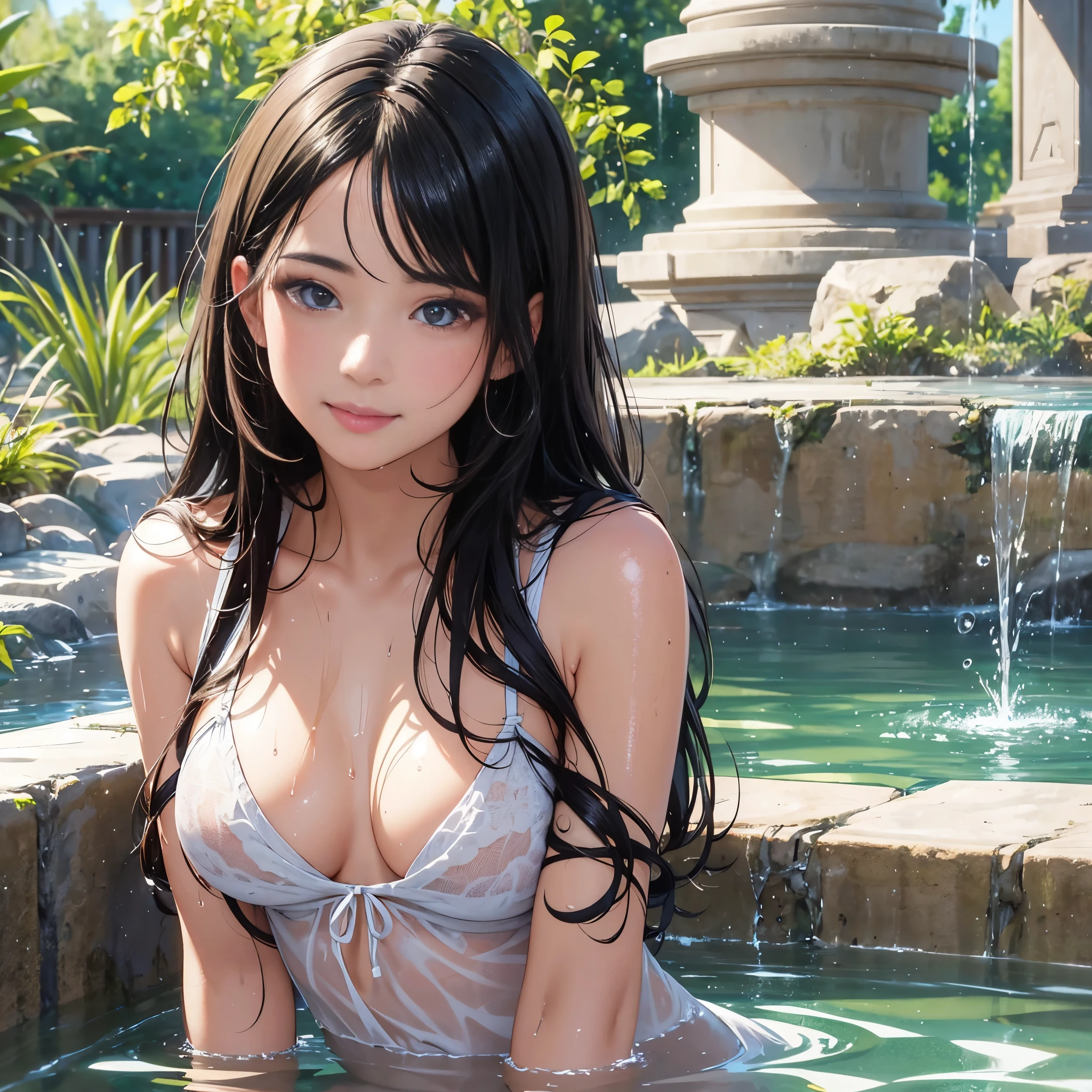 (masterpiece, 8k, best quality:1.2), in the fountain, outdoor, 1girl, looking at viewer, wet clothes, soaked, wet hair, wet skin, glistening with oil, drenched, smiling