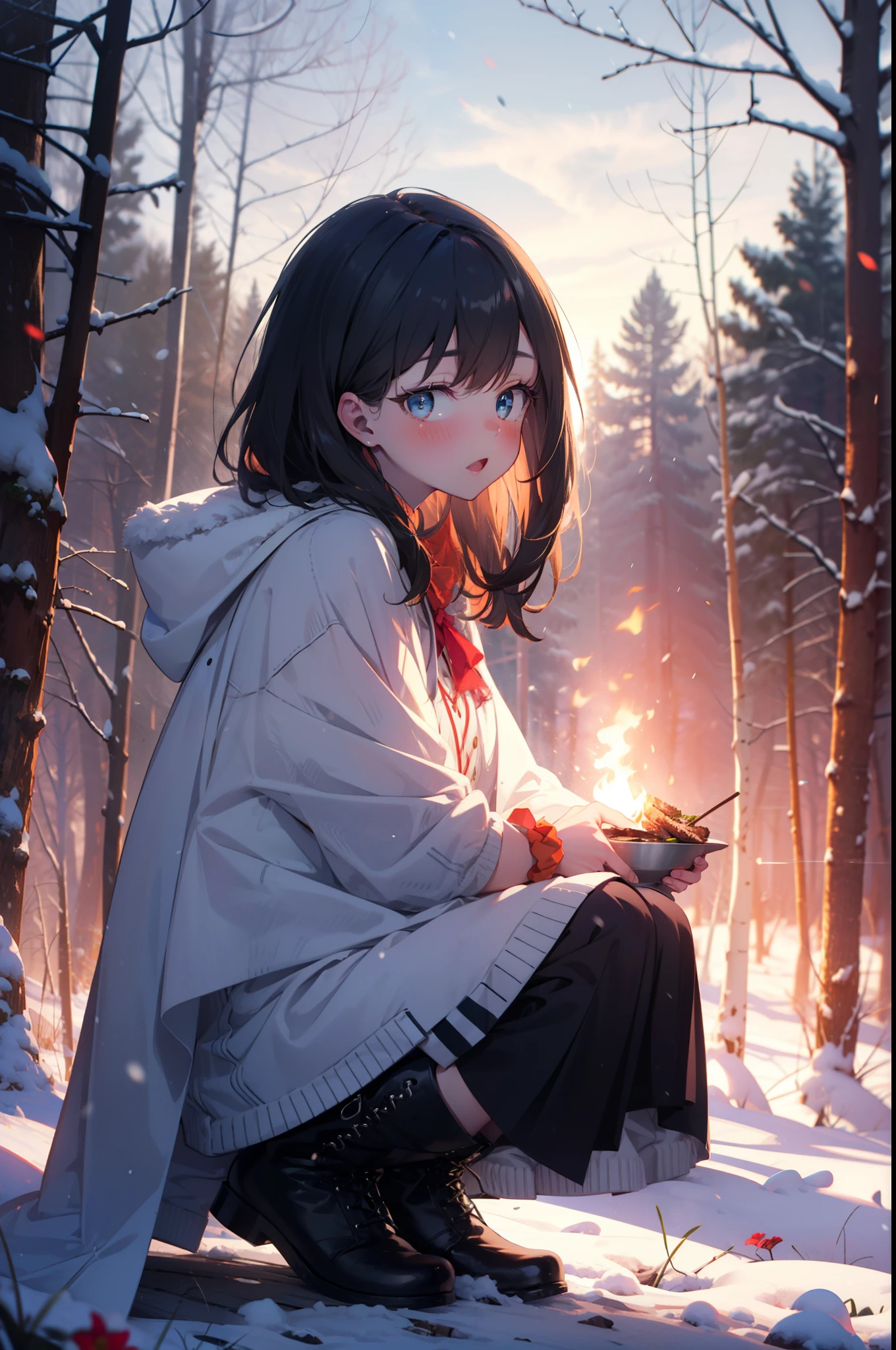 6 flowers, rikka takarada, Black Hair, blue eyes, Long Hair, orange Scrunchie, Scrunchie, wrist Scrunchie,smile,blush,White Breath,
Open your mouth,snow,Ground bonfire, Outdoor, boots, snowing, From the side, wood, suitcase, Cape, Blurred, Increase your meals, forest, White handbag, nature, Squat, Mouth closed, フードed Cape, winter, Written boundary depth, Black shoes, red Cape break looking at viewer, Upper Body, whole body, break Outdoor, forest, nature, break (masterpiece:1.2), highest quality, High resolution, unity 8k wallpaper, (shape:0.8), (Beautiful and beautiful eyes:1.6), Highly detailed face, Perfect lighting, Highly detailed CG, (Perfect hands, Perfect Anatomy),