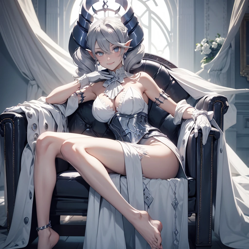 Throne sofa High level image quality best image quality 8K adult woman whole body view portrait pure white long gloves(elbow gloves) white long dress(slit) white wolf ears long hair((shortcut)(gray hair)(perm)(fluffy)) eye color is blue attractive evil face , face detail , smile , sexy pose , labrynth , erotic sitting styles , view all body from side , face focus , view 1 leg on table , view barefoot arc