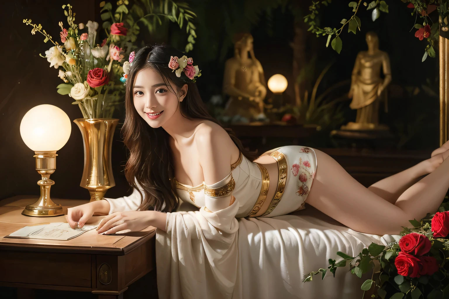 Giorgione painting style,Arguments of two female Philosophe,math、astronomical machine、astronaut、roses in vase、fruits、Cute trinkets、smile、ancient greek costume、Background is a forest lake at night 、Clothes that stretch your shoulders、A big smile、beautiful bare skin、A detailed representation of the seducing woman throughout her body.