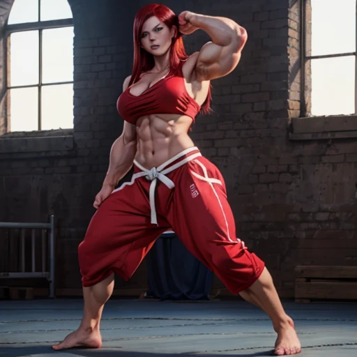 Erza beim Karate, Black belt karate gi, Barefoot, muscular physique, Erza macht Bodybuilding, sie ist eine 20 Jahre alte junge Frau Huge muscular biceps, Breite, muscular shoulders, Bauchmuskeln, Abs, Her big muscles rip through her karate gi, Full body image, Meisterwerk, Highest details 