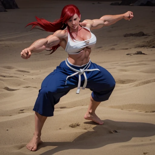 Erza beim Karate, Black belt karate gi, Barefoot, muscular physique, Erza macht Bodybuilding, sie ist eine 20 Jahre alte junge Frau Huge muscular biceps, Breite, muscular shoulders, Bauchmuskeln, Abs, Her big muscles rip through her karate gi, Full body image, Meisterwerk, Highest details 