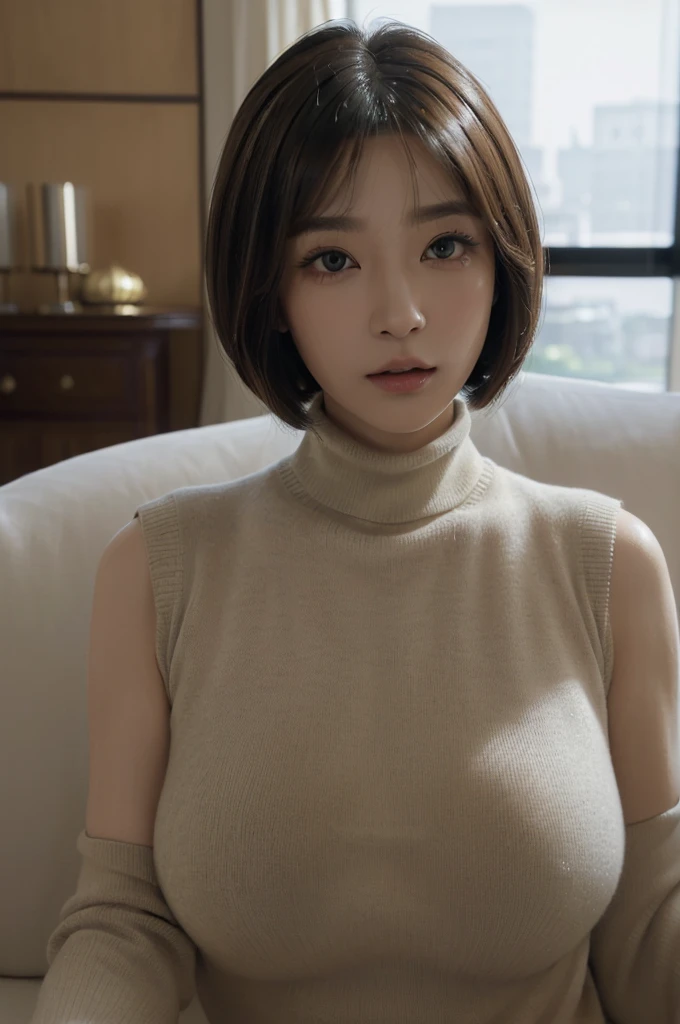 (top-quality、​masterpiece、超A high resolution、Photorealsitic、lighting like a movie:1.3)、japanese beautiful woman、((beautifull detailed face、double eyelid、long lashes、bob cuts))、(Thick sleeveless sweater with turtleneck、livingroom、Luxury leather sofa:1.2)、(ultra gigantic tits:1.5)