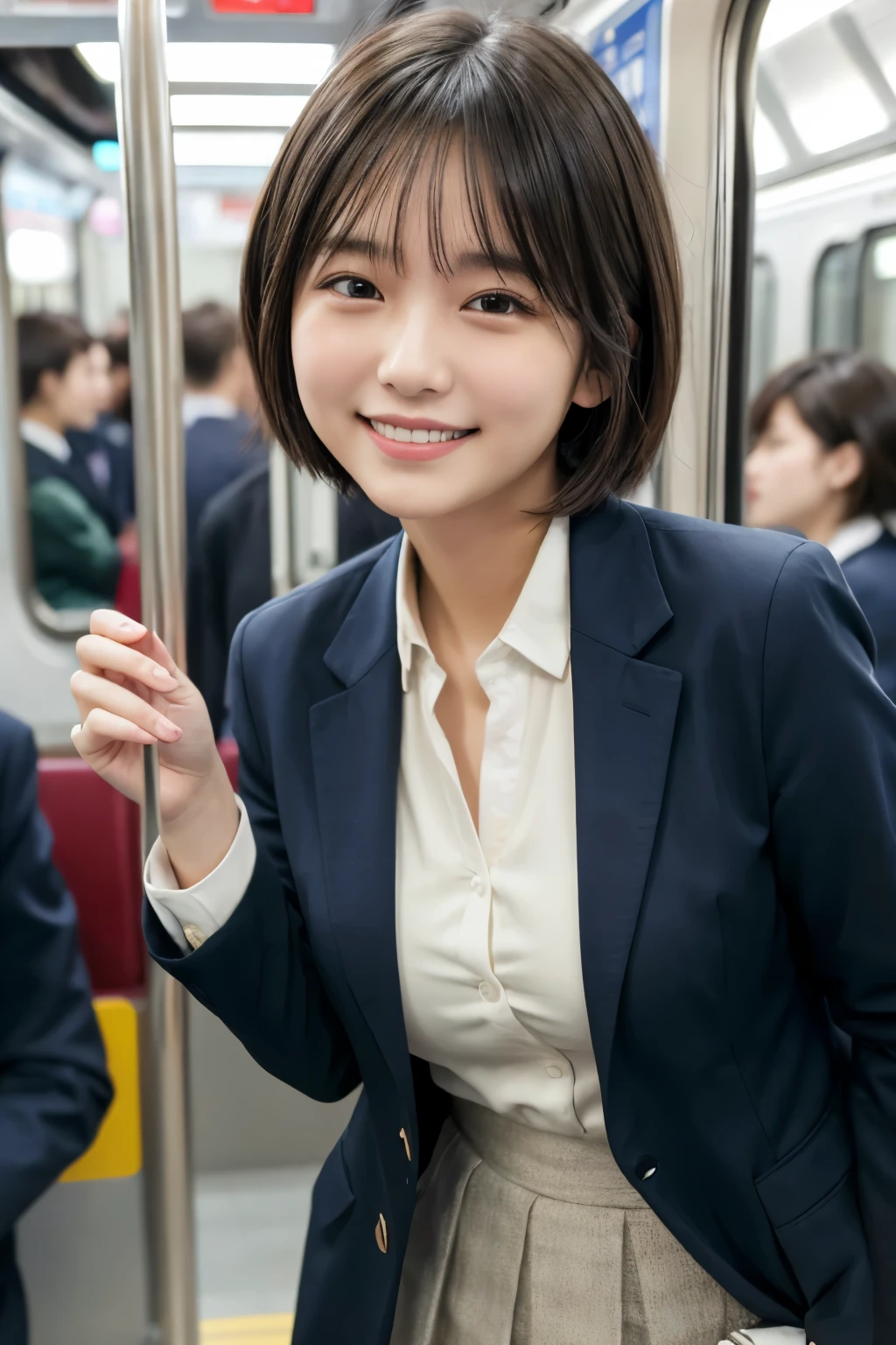 highest quality, masterpiece, Ultra-high resolution, (Reality: 1.4), Original photo, 1 woman, mature, happy smile, short hair, plump body, , Cinema Lighting, high school girl、uniform、blazer、 Commuter train、crowded train、Packed
