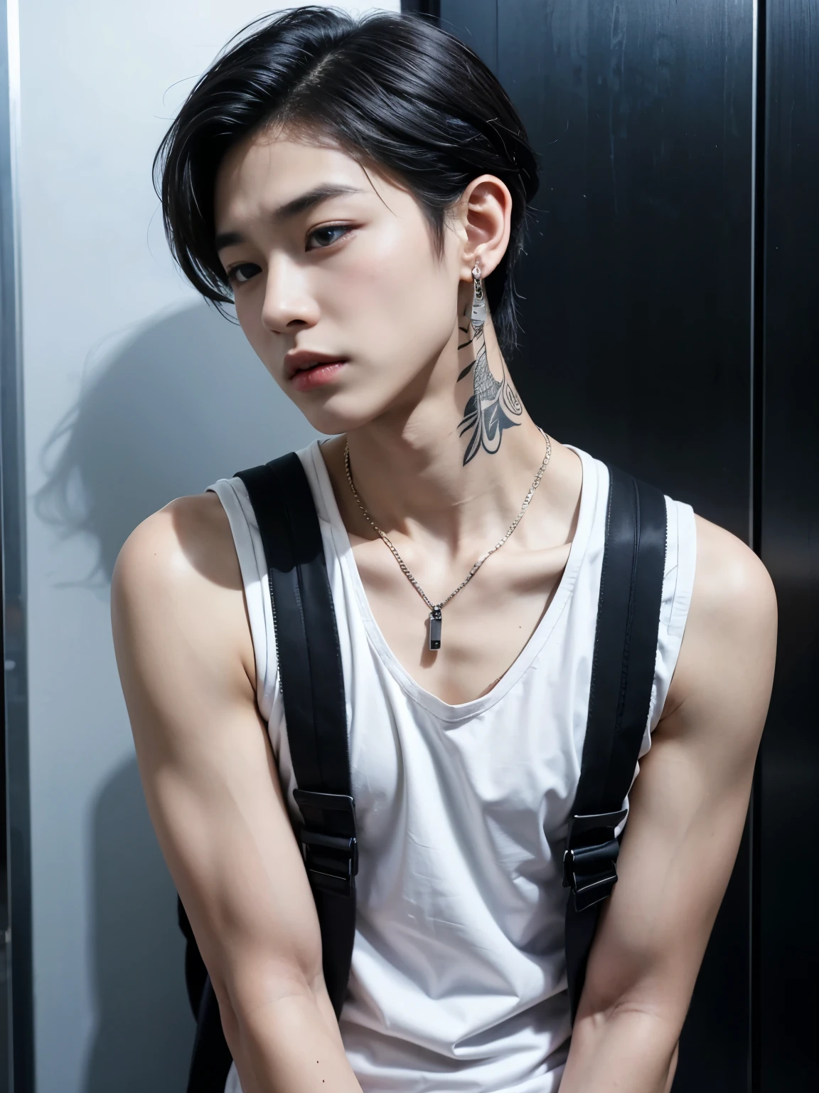 Korean boy with strong features, wears a tank top and a backpack, is in an elevator and wears a hearing aid, tattoos on his neck and arms and piercings on one of his eyebrows cut perfectly in half, double boy, m white shirt with black design, semi-long hair