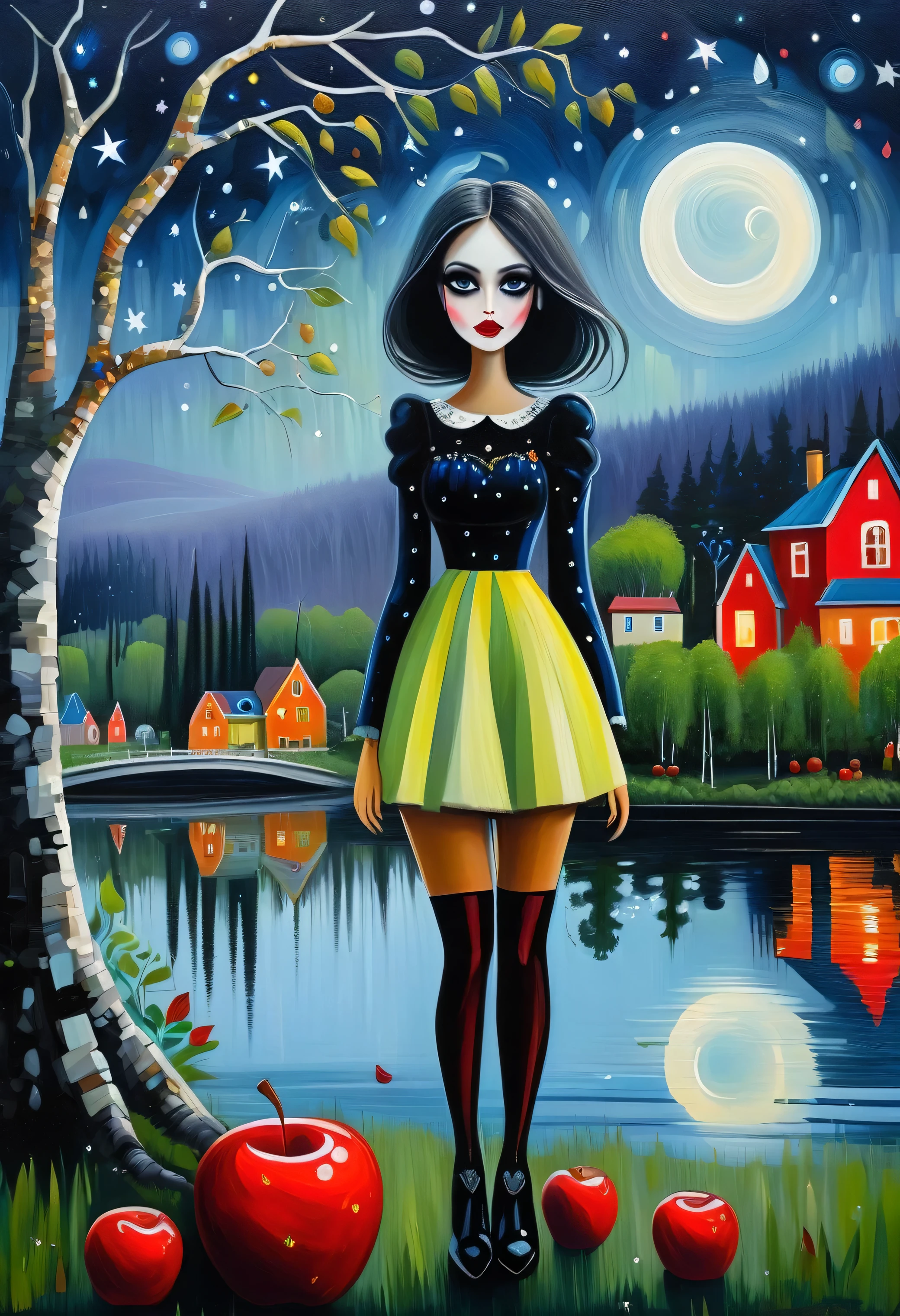((George-Condo style)) (Cute young attractive girl, Strong Gothic Makeup) a village by the lake and a white birch forest and an apple orchard, a starry night, ((George-Condo style!!!)), Gloomy foggy atmosphere, surrealism, The absurdity of cuteness, attractiveness and rejection of extraordinary appearance, magic naive art, primitivism, protogen, , ((best quality, Masterpiece)), ((Highest detail)), RAW:1,1, 8k