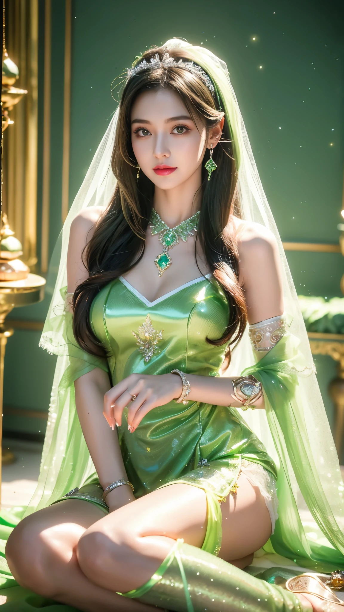 4K, UHD, masterpeice, 1 girl, good face, happy face, ((white skin)), detailed eyes, detailed lipstick, very long hair, straight hair, very long hair, beautiful hair, hair ornaments, hairband, gradient hair, ((green stocking)), ((princess clothing)), ((decorated clothing)), ((sardine)), ((sparkle clothing)), ((green lace)), ((diamond bracelet)), ((pendant)), ornaments, necklace, earring, high lighting, ((in the wedding stage)), fujicolor, depth of field, ray tracing, ultra realistic detailes, sitting,