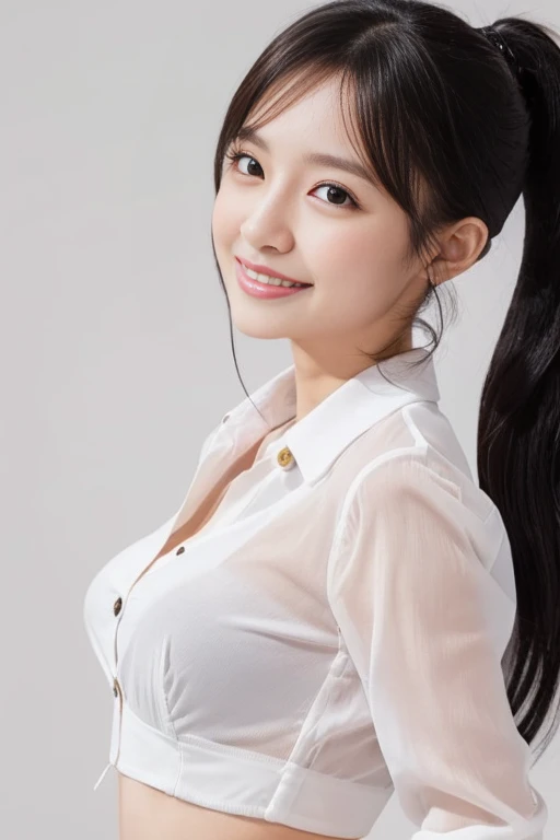 (Body turned to the side、Shooting from the side while facing sideways),Not looking here、(Wearing a white blouse、Wearing a business suit),(The buttons on her blouse are slightly open,A small amount of her chest is visible through the gap between the buttons.、The edge of the bra is visible through the gap between the buttons.:1.3),Mid-chest、slender、ponytail、Black Hair、Beauty、23 years old、cute、smile