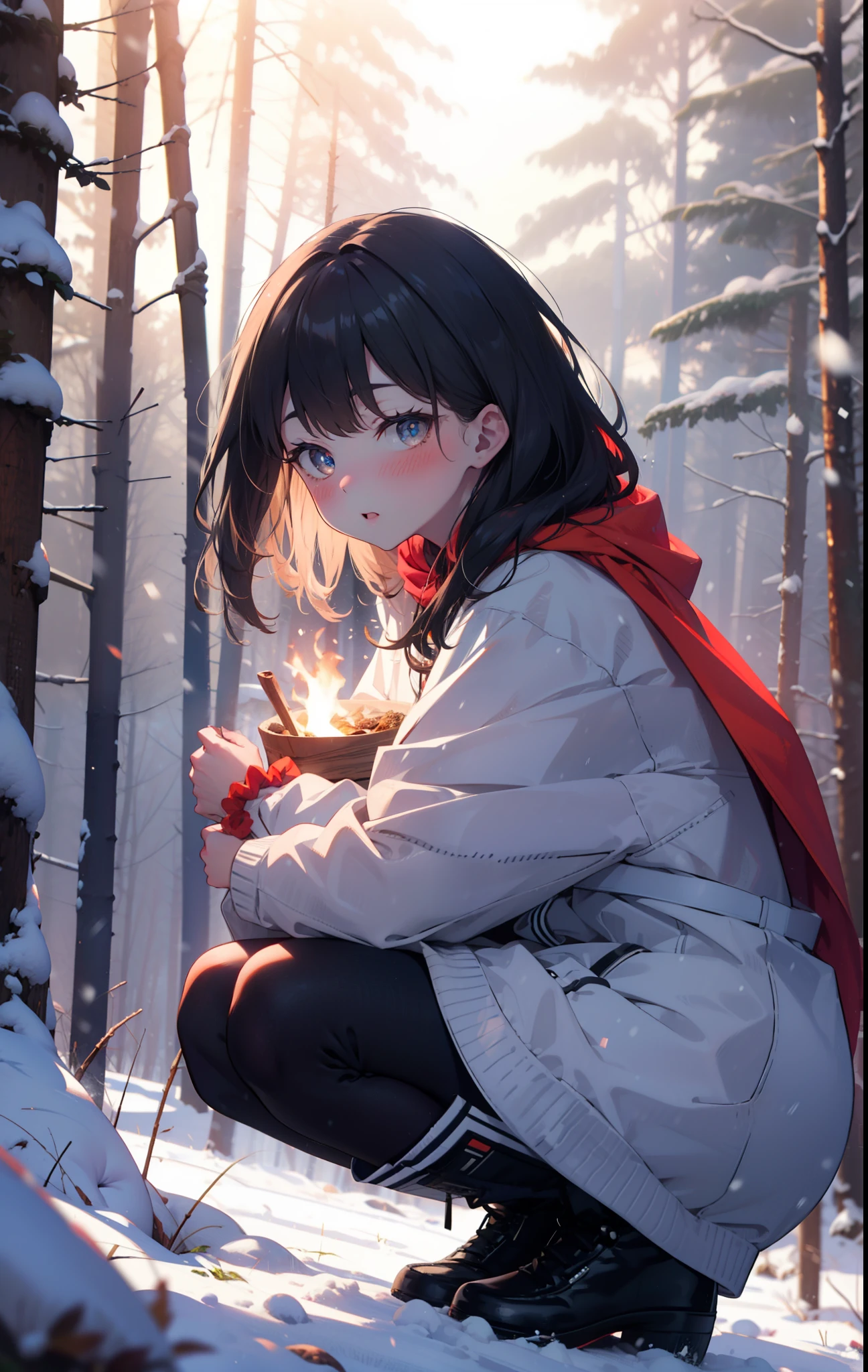 6 flowers, rikka takarada, Black Hair, blue eyes, Long Hair, orange Scrunchie, Scrunchie, wrist Scrunchie,smile,blush,White Breath,
Open your mouth,snow,Ground bonfire, Outdoor, boots, snowing, From the side, wood, suitcase, Cape, Blurred, Increase your meals, forest, White handbag, nature,  Squat, Mouth closed, フードed Cape, winter, Written boundary depth, Black shoes, red Cape break looking at viewer, Upper Body, whole body, break Outdoor, forest, nature, break (masterpiece:1.2), highest quality, High resolution, unity 8k wallpaper, (shape:0.8), (Beautiful and beautiful eyes:1.6), Highly detailed face, Perfect lighting, Highly detailed CG, (Perfect hands, Perfect Anatomy),