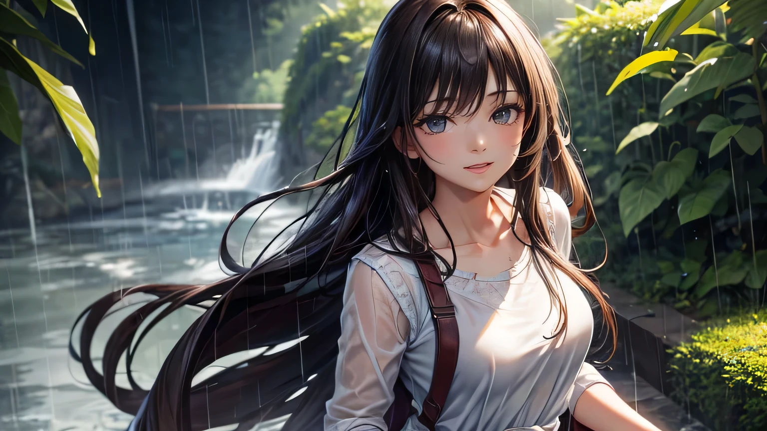 A gentle smile、woman、Beautiful long brown hair,Stylish cute clothes,Torn shorts,Clothes that are wet from the rain and slightly transparent,Wet Hair,rain,Weather,Ultra-high resolution, Accurate, Super detailed, Textured skin, High detail, highest quality, 8k, Detailed Hair,Detailed eyes,Focus on the face,Depict the figure from the waist up,