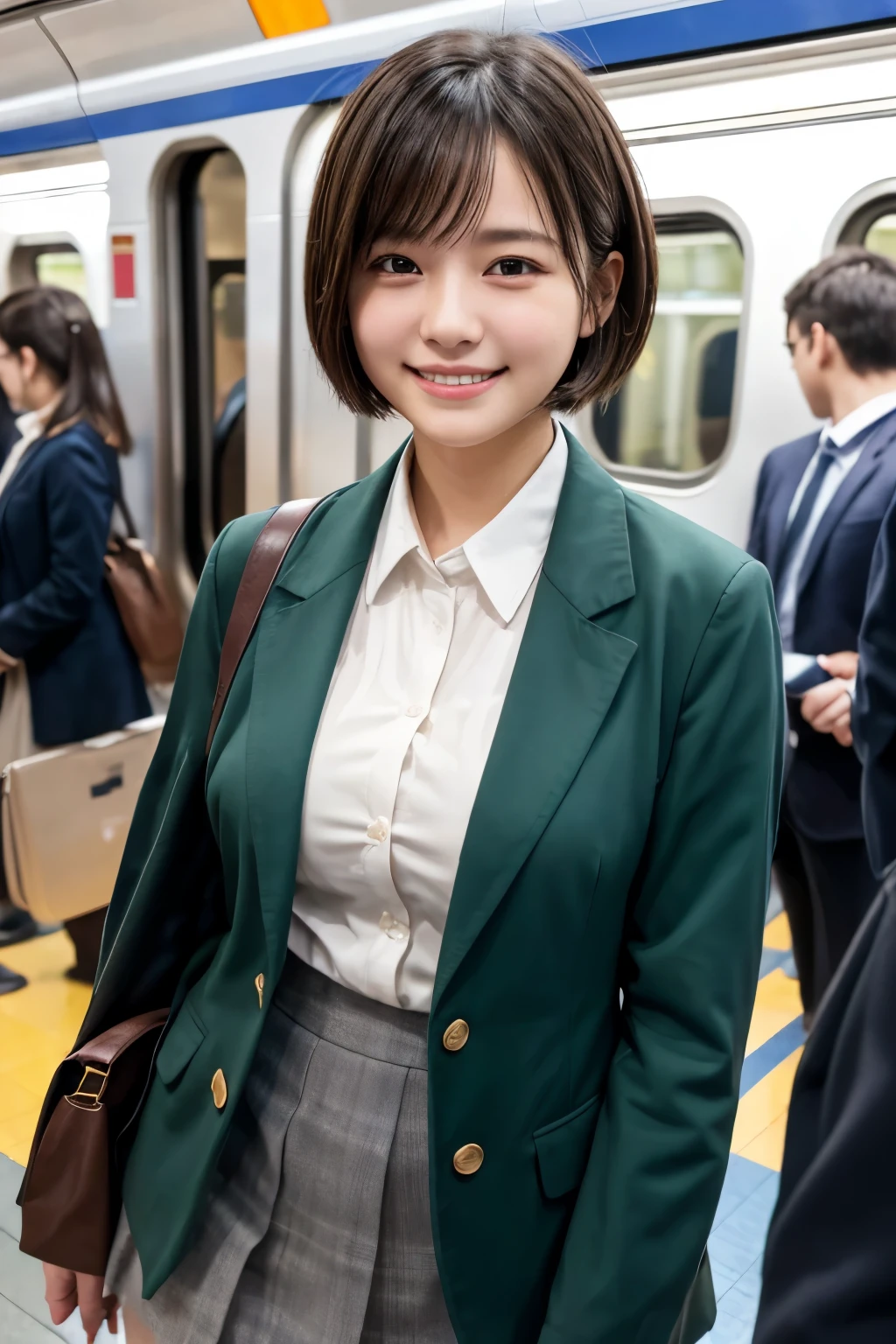 highest quality, masterpiece, Ultra-high resolution, (Reality: 1.4), Original photo, 1 woman, mature, happy smile, short hair, plump body, , Cinema Lighting, high school girl、uniform、blazer、 Commuter train、crowded train、Packed