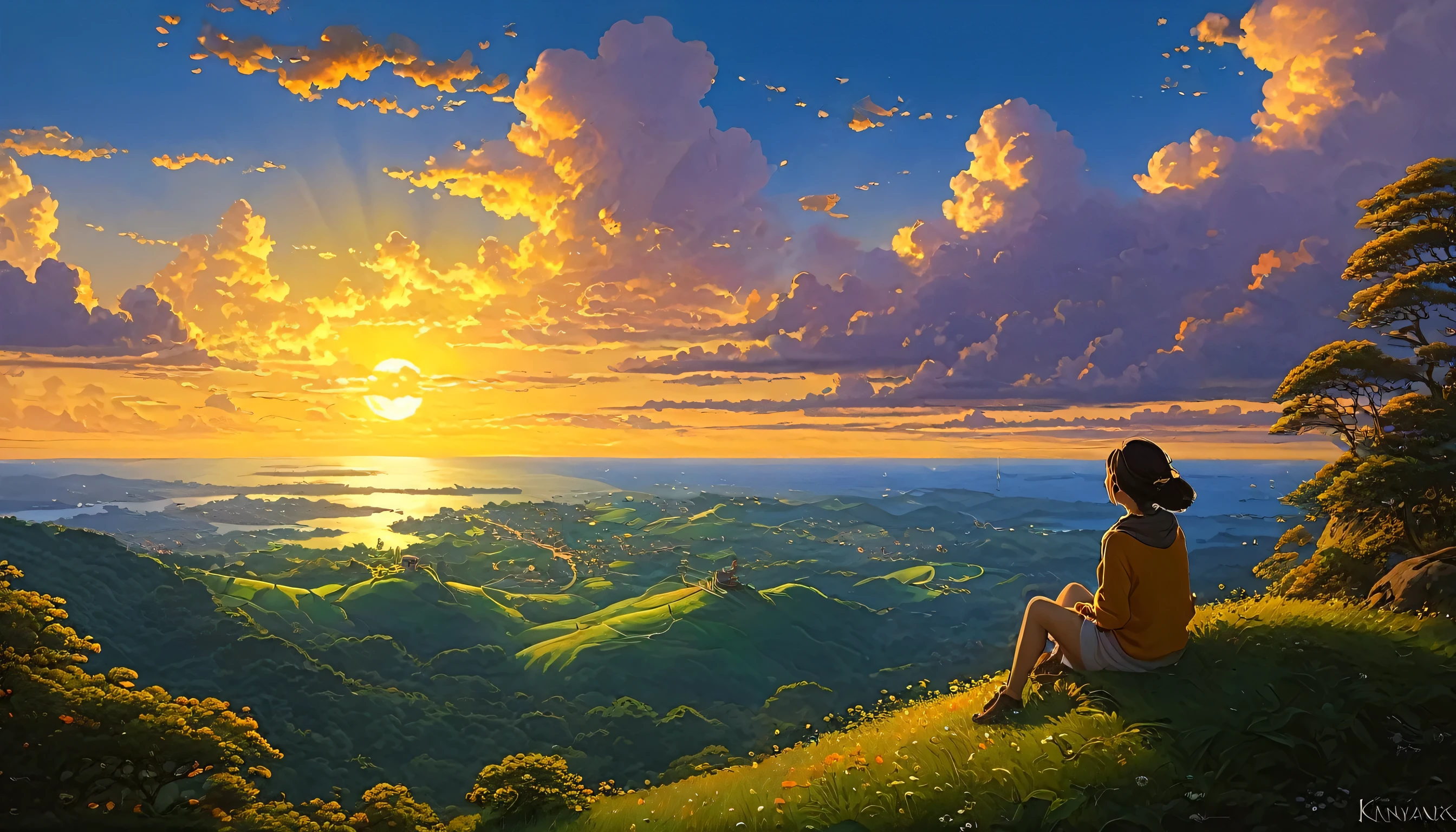 and soul、Sky landscape with round billowing clouds 、Orange-yellow sky,Hellish sunset,Bright clouds,Like shimmering gold、Spirits々Zhikai 、You can feel the touch of the brush.、Girl sitting watching the sunset, Studio Ghibli、Ghibli、landscape、style、Shining、Sky Line , StyleKilian Eng and Thomas Kinkade, Rob Gonsalves 和 Tim White., Sylvain Salier, Raz and thomas kinkade, Inspired by RHADS, cyril rolando and m.Wakarut, cyril rolando and m. Wakarut, Raz!!! Beautiful Numbers Artwork, 4K detailed painting, Highly detailed digital painting, Rich colors like a painting, Beautiful Numbers