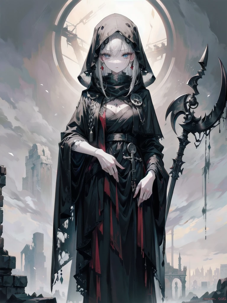 (ruined city), grim reaper, black scythe, robe, whole body shot, absurdres, RAW photo, extremely delicate and beautiful, masterpiece, Best Quality, ultra high resolution, 32k, hyperrealistic, ultra-detailed, perfect figure, detailed description, pale skin, 20 years old, detailed beautiful face and eyes, tearful mole, earring, short medium hair, wavy hair,